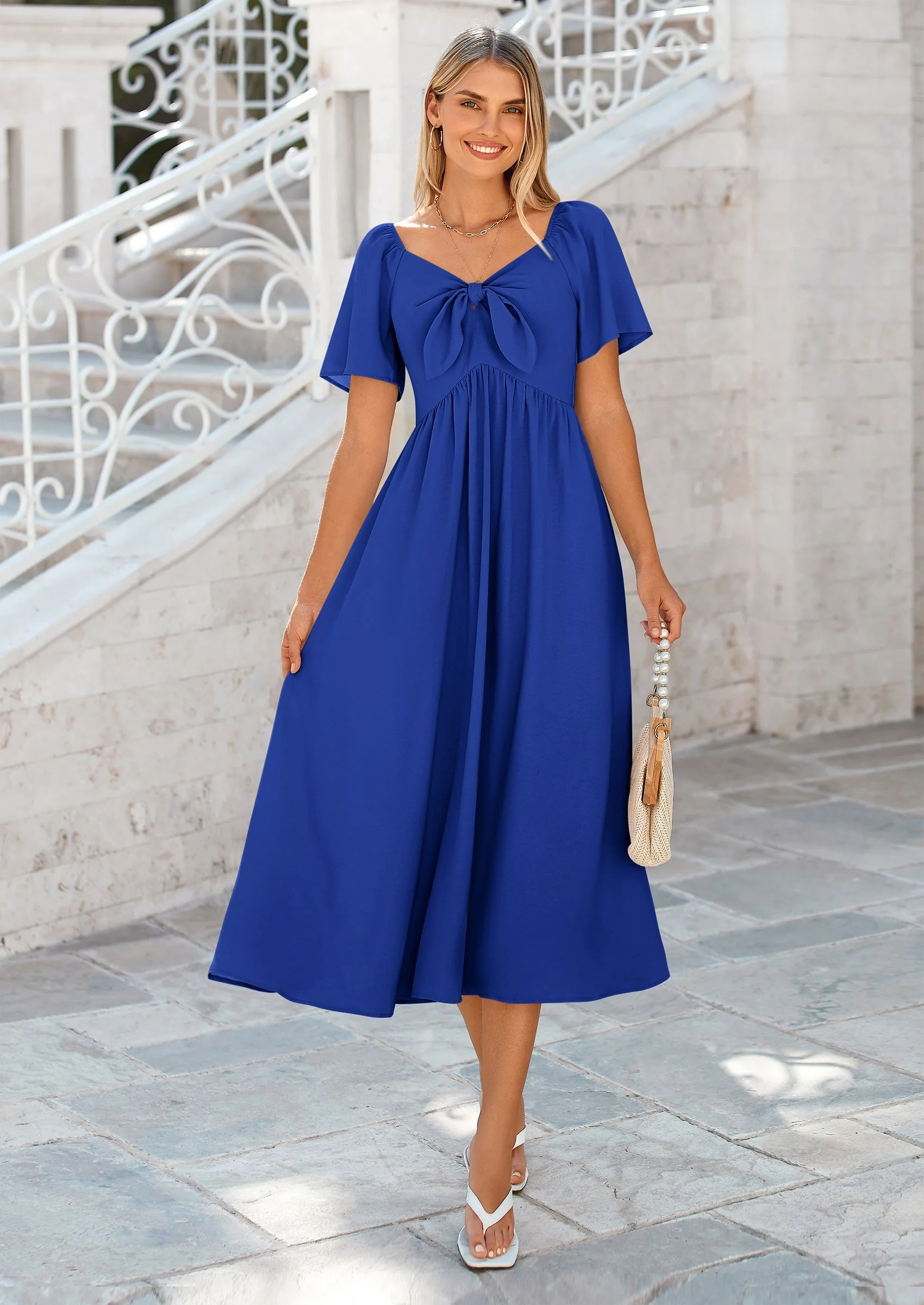 PRETTYGARDEN Summer Dress for Women Casual Short Sleeve Bow Tie V Neck Ruffle Midi Flowy Dresses - Image 68