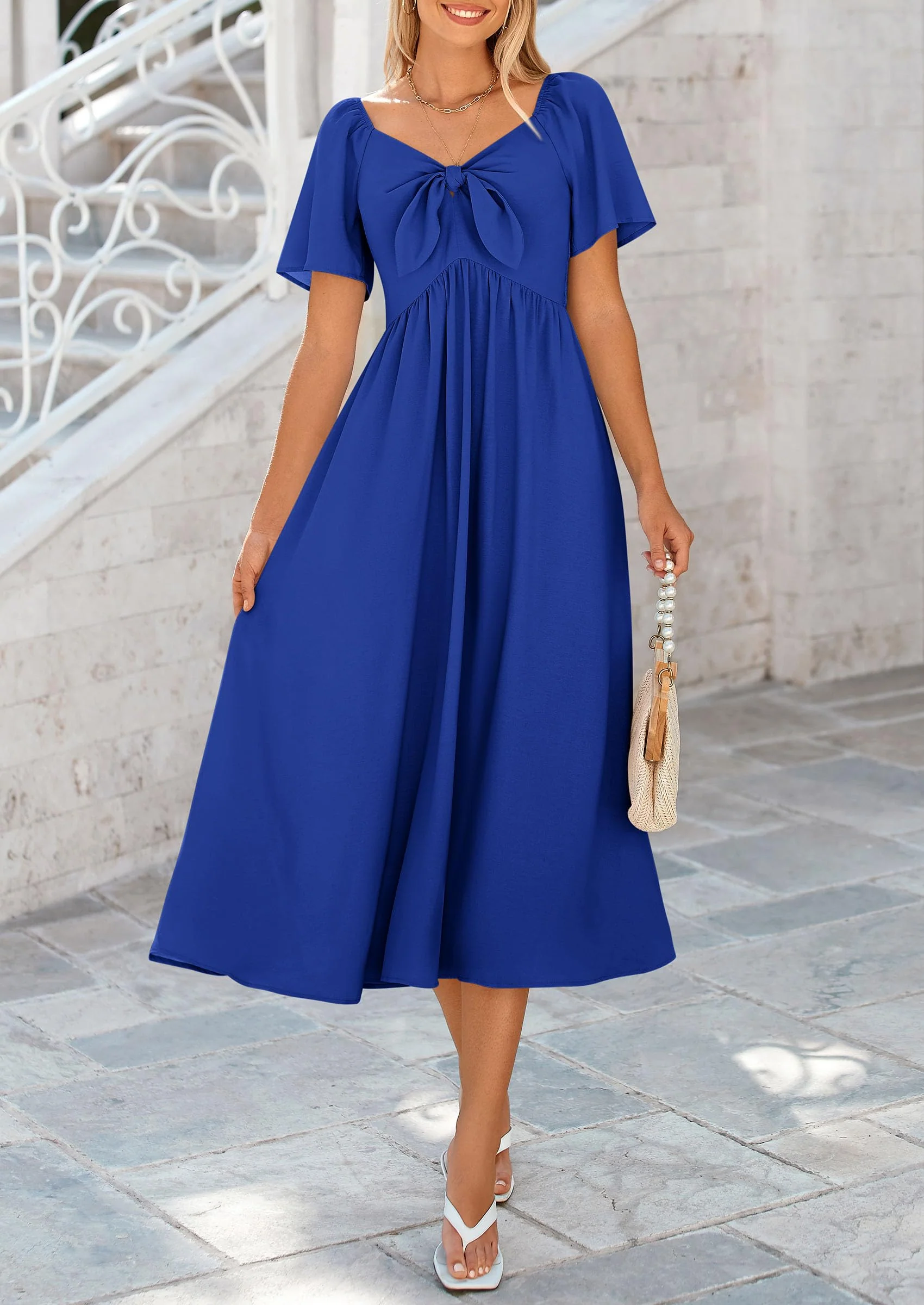 PRETTYGARDEN Summer Dress for Women Casual Short Sleeve Bow Tie V Neck Ruffle Midi Flowy Dresses - Image 70