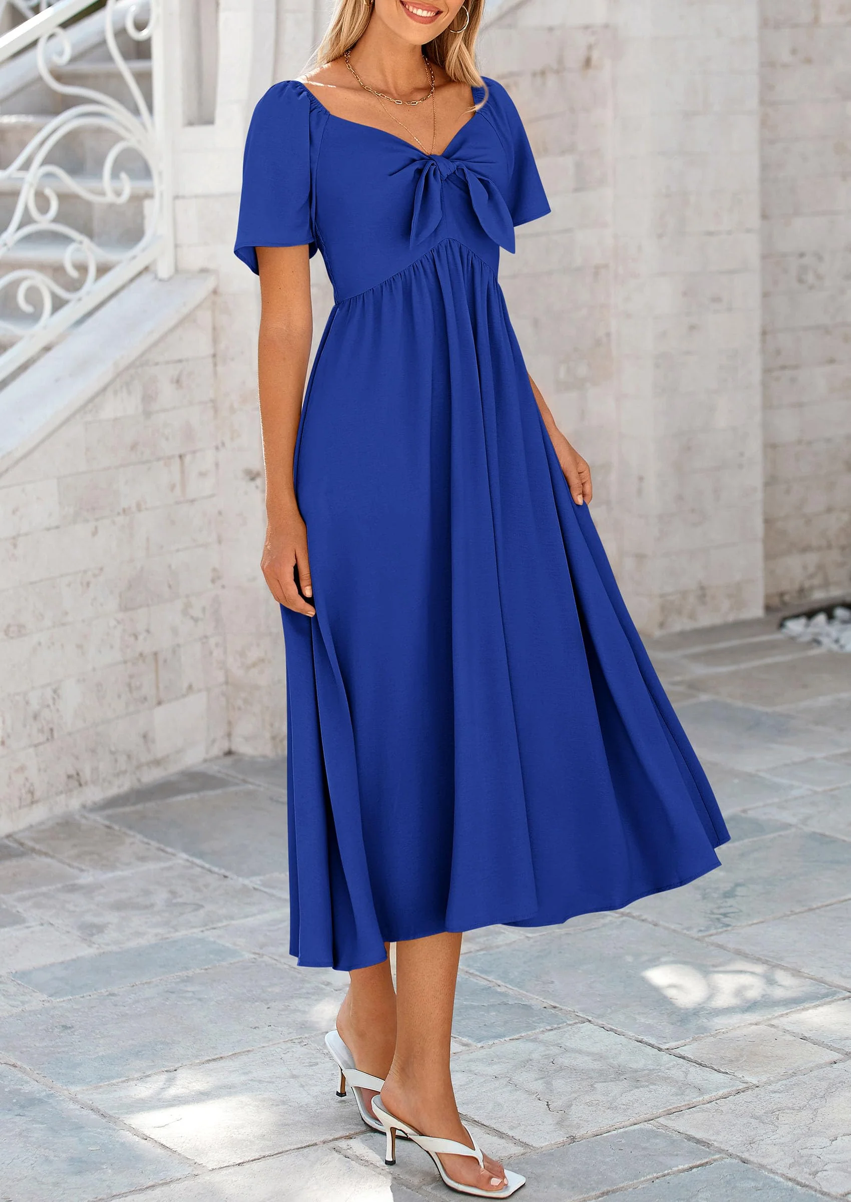 PRETTYGARDEN Summer Dress for Women Casual Short Sleeve Bow Tie V Neck Ruffle Midi Flowy Dresses - Image 71