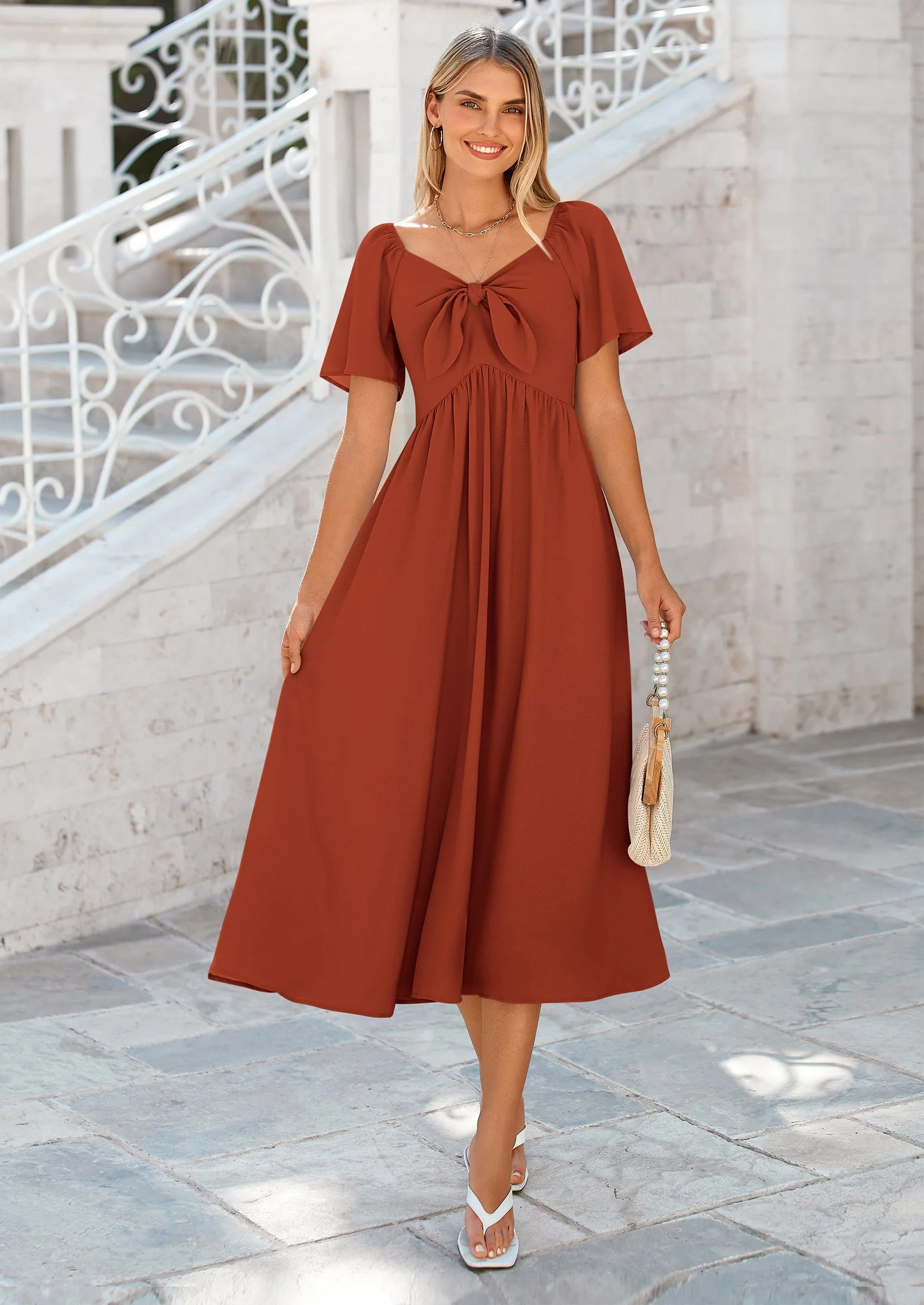 PRETTYGARDEN Summer Dress for Women Casual Short Sleeve Bow Tie V Neck Ruffle Midi Flowy Dresses - Image 74