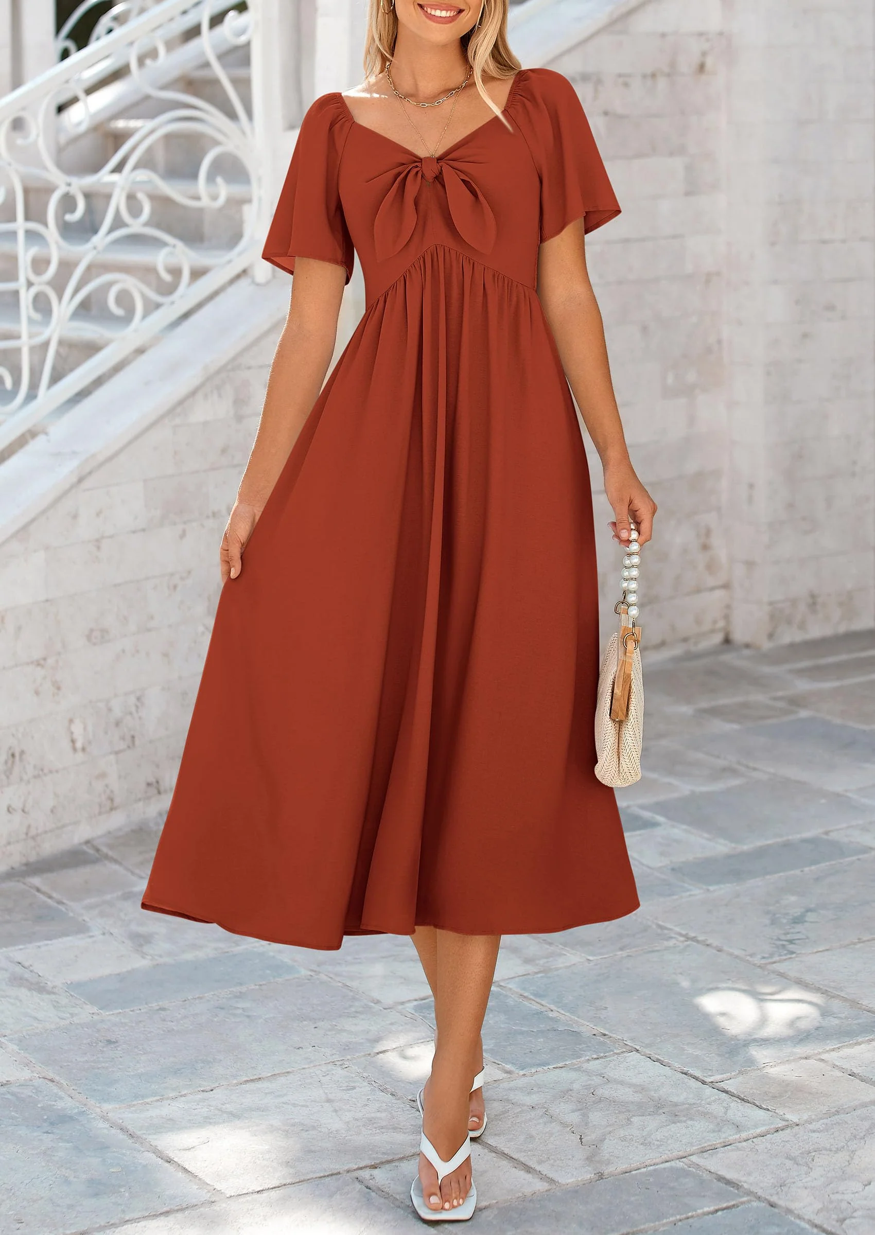 PRETTYGARDEN Summer Dress for Women Casual Short Sleeve Bow Tie V Neck Ruffle Midi Flowy Dresses - Image 76