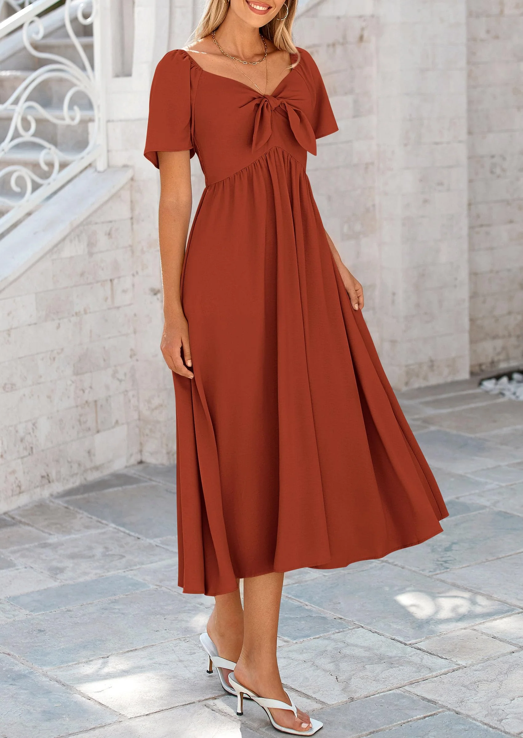 PRETTYGARDEN Summer Dress for Women Casual Short Sleeve Bow Tie V Neck Ruffle Midi Flowy Dresses - Image 77