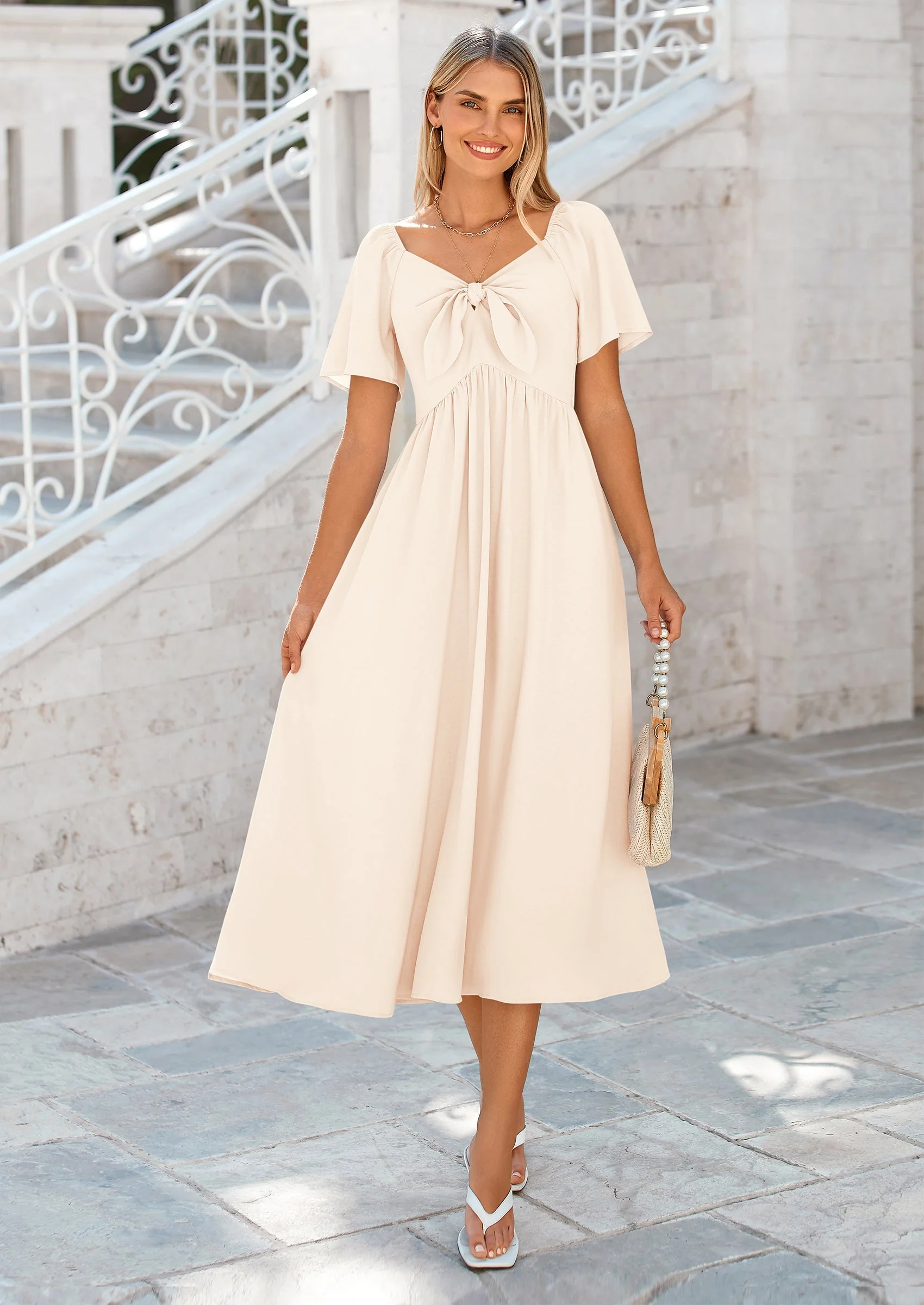 PRETTYGARDEN Summer Dress for Women Casual Short Sleeve Bow Tie V Neck Ruffle Midi Flowy Dresses - Image 8