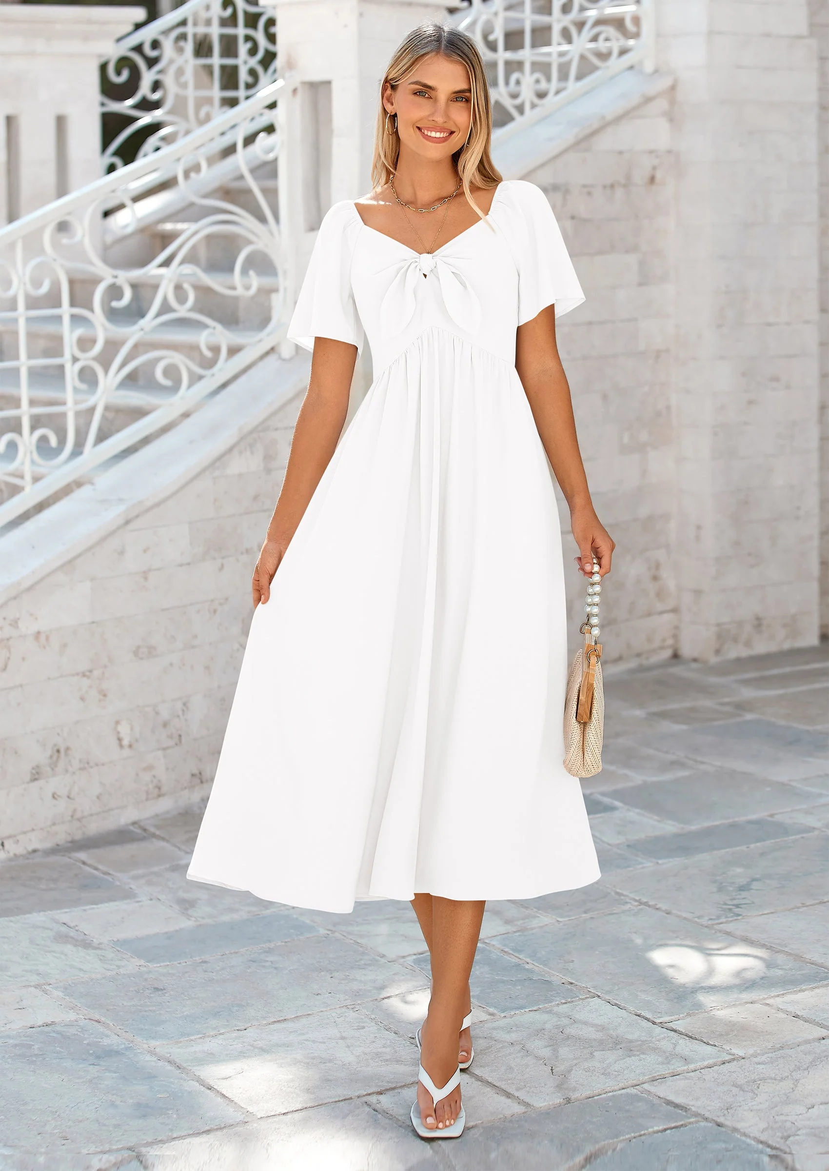 PRETTYGARDEN Summer Dress for Women Casual Short Sleeve Bow Tie V Neck Ruffle Midi Flowy Dresses - Image 80