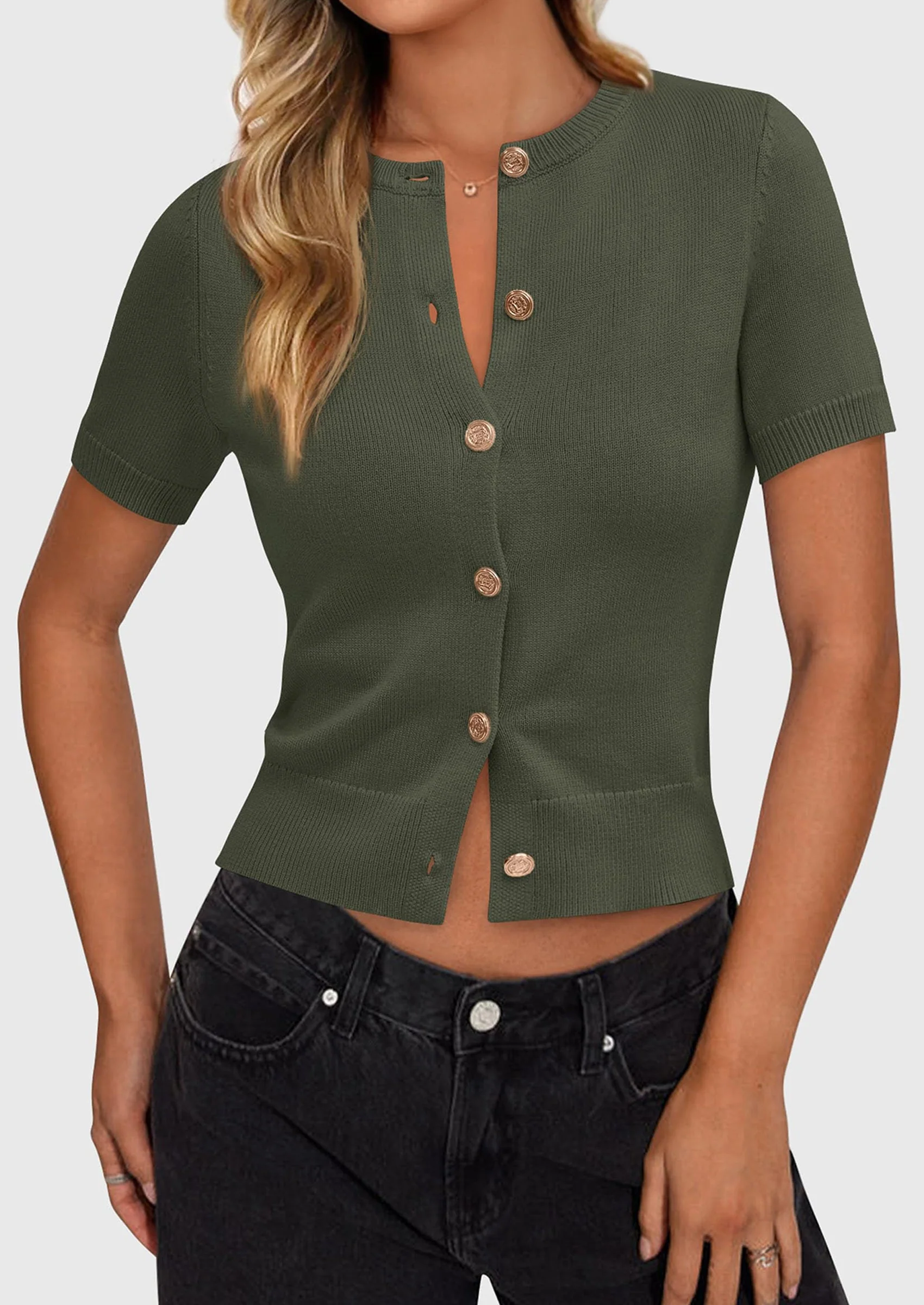 PRETTYGARDEN Womens Casual Summer Short Sleeve Cardigans Button Down Knitted Sweater Basic Crew Neck Crop Tops - Image 10