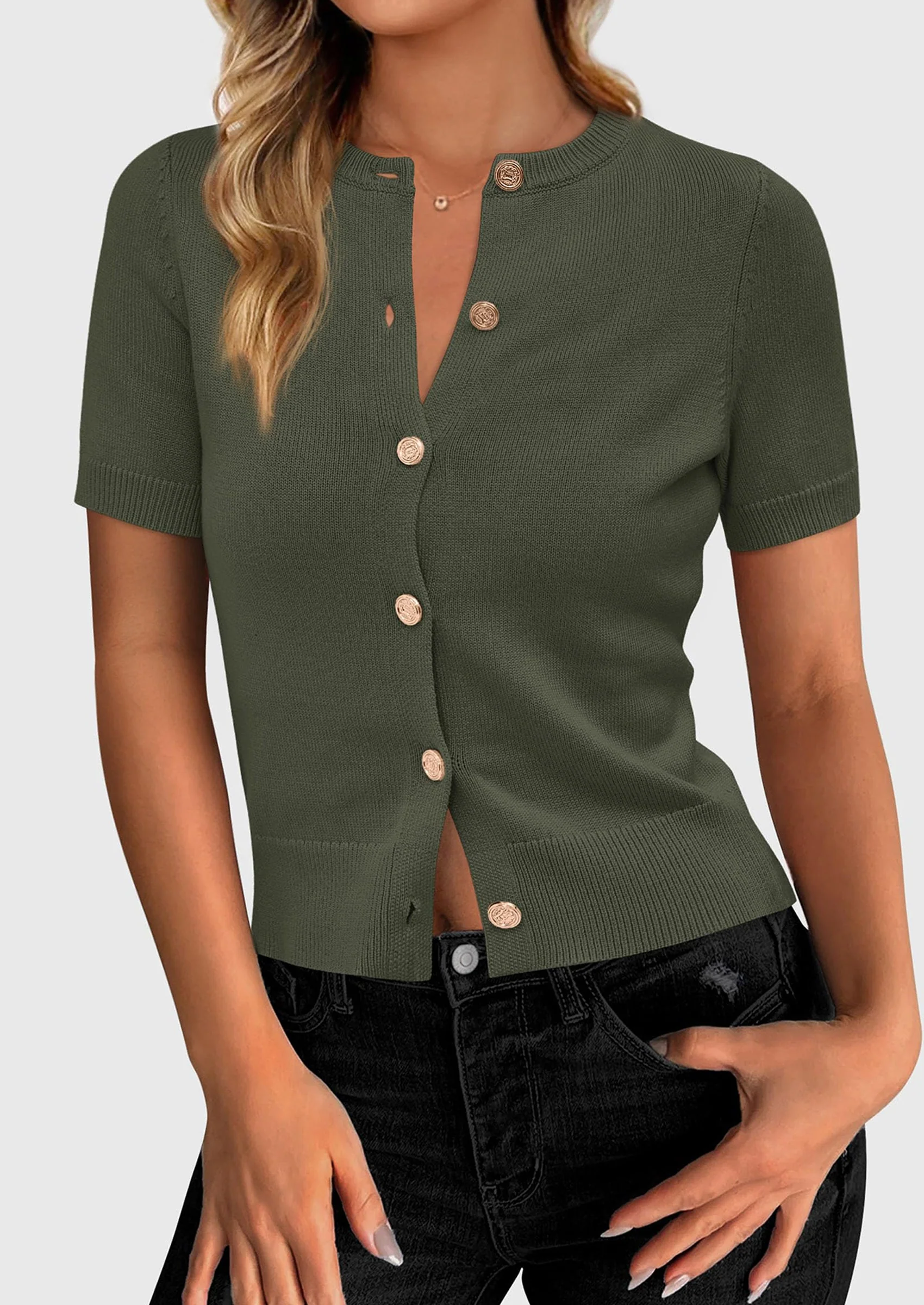 PRETTYGARDEN Womens Casual Summer Short Sleeve Cardigans Button Down Knitted Sweater Basic Crew Neck Crop Tops - Image 11