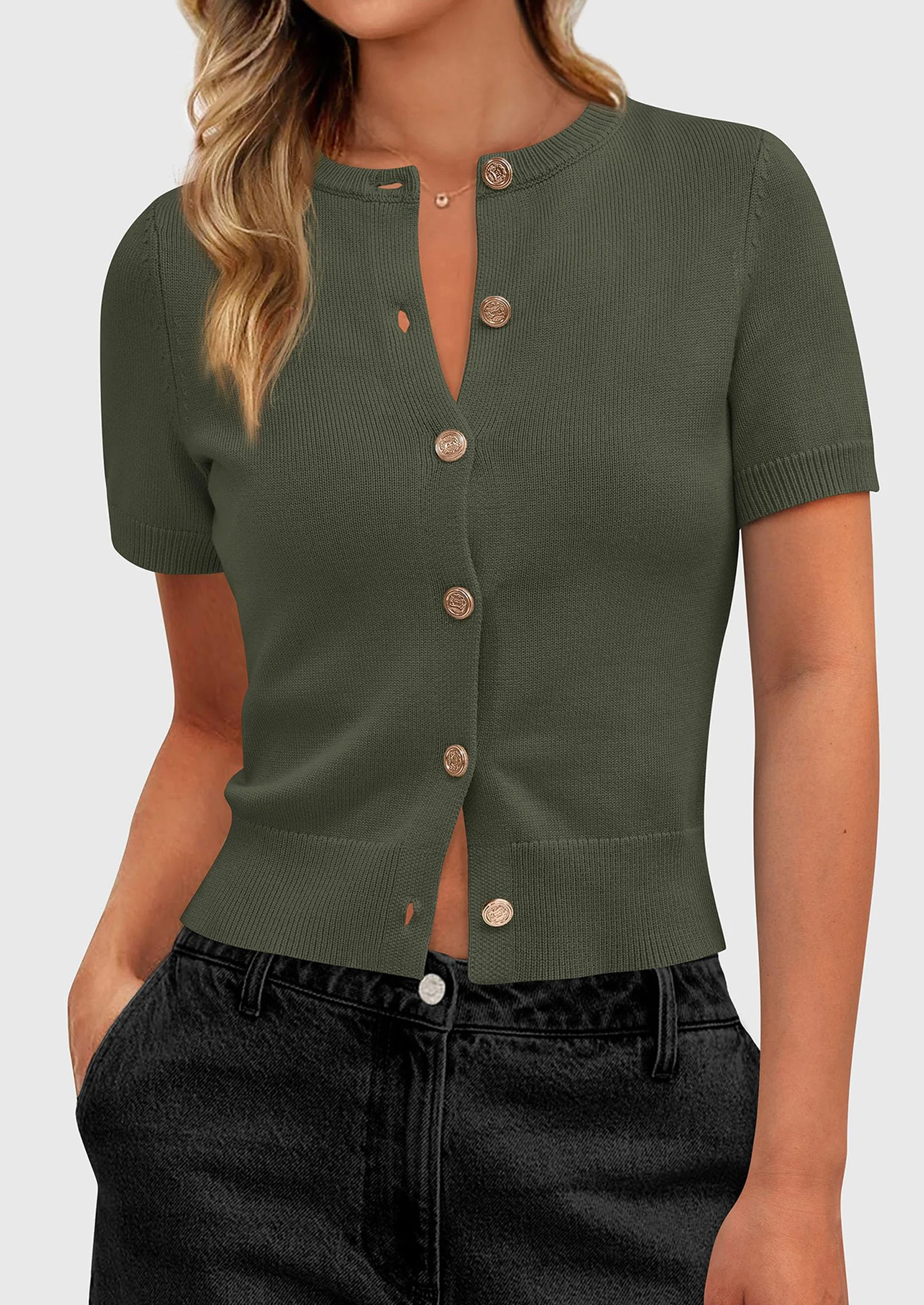 PRETTYGARDEN Womens Casual Summer Short Sleeve Cardigans Button Down Knitted Sweater Basic Crew Neck Crop Tops - Image 12