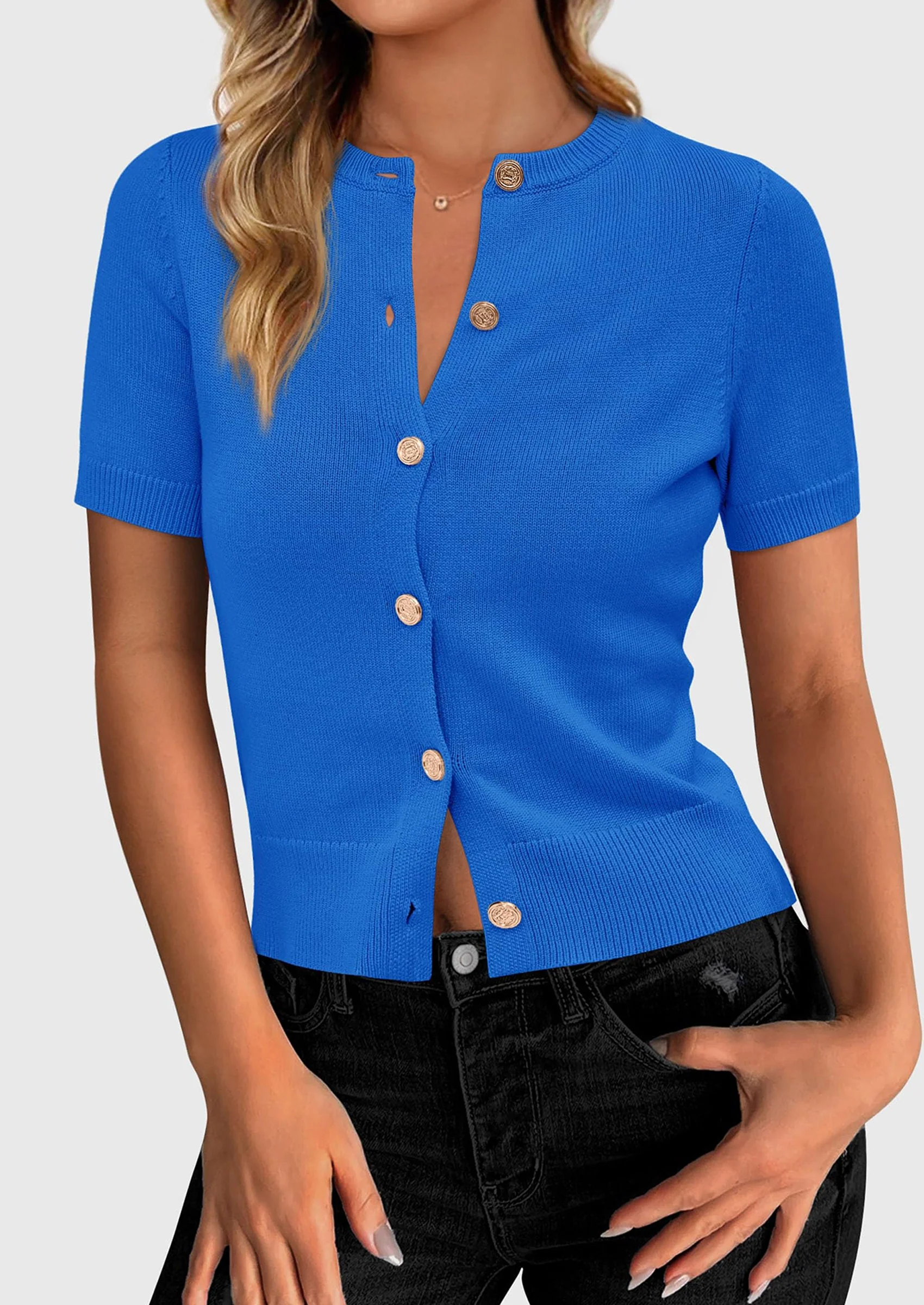 PRETTYGARDEN Womens Casual Summer Short Sleeve Cardigans Button Down Knitted Sweater Basic Crew Neck Crop Tops - Image 23