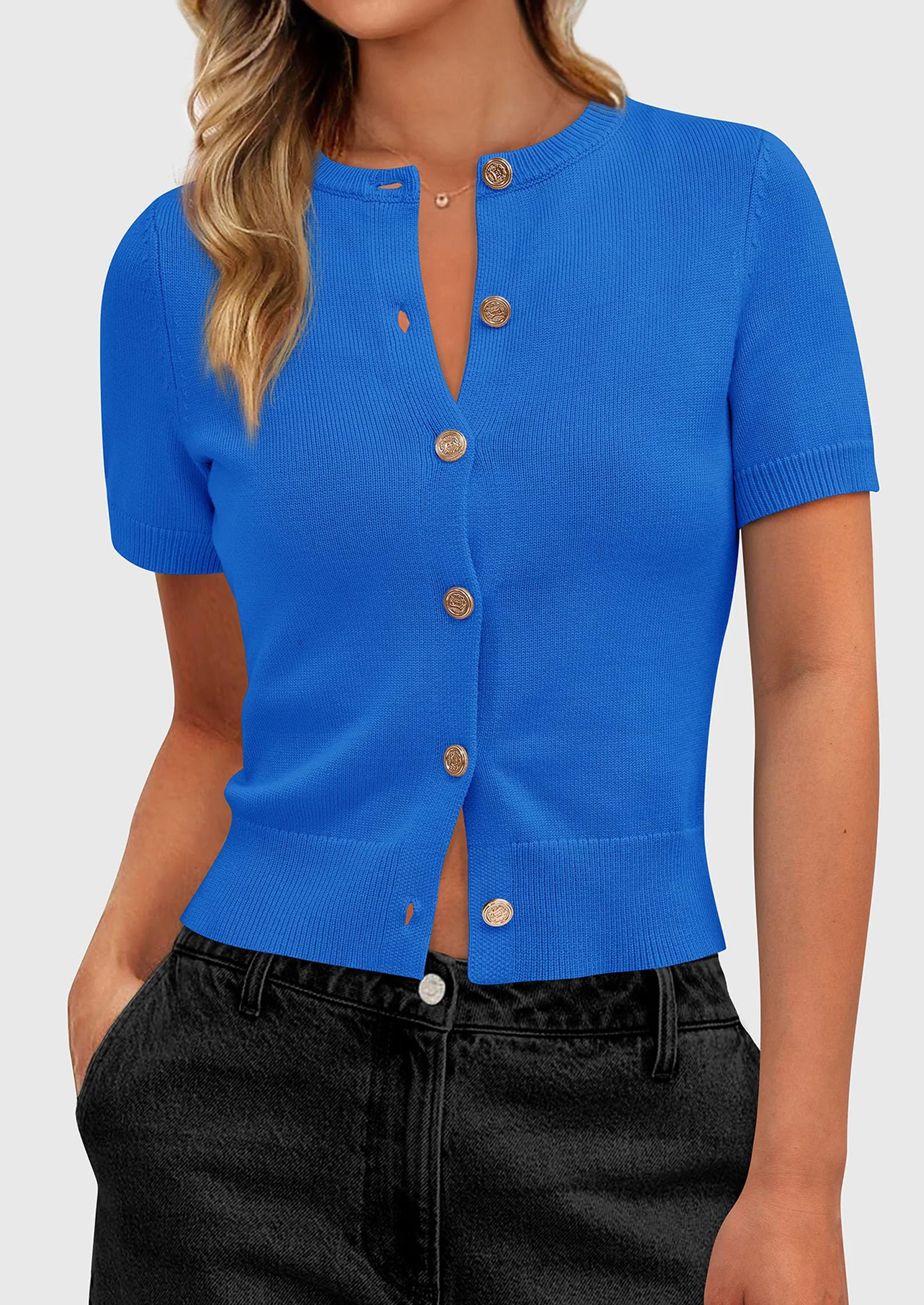 PRETTYGARDEN Womens Casual Summer Short Sleeve Cardigans Button Down Knitted Sweater Basic Crew Neck Crop Tops - Image 24