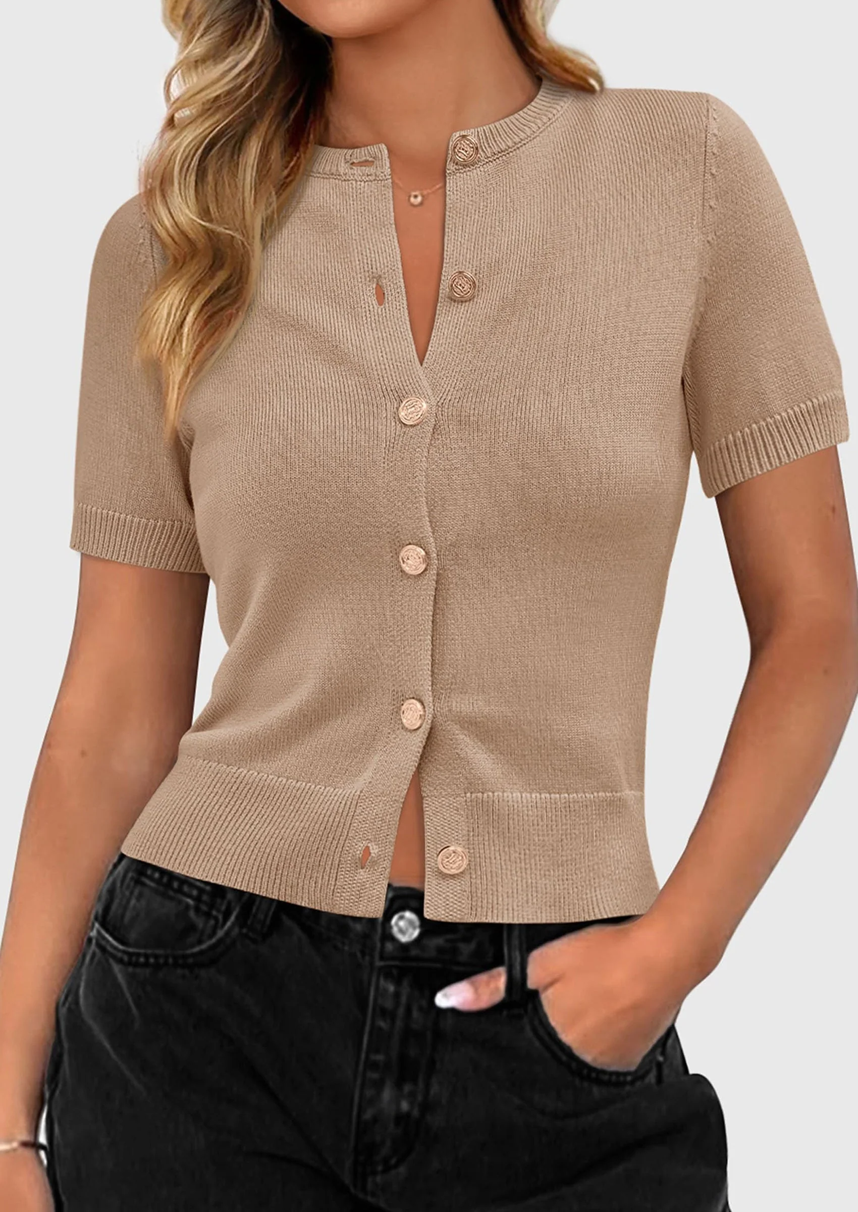 PRETTYGARDEN Womens Casual Summer Short Sleeve Cardigans Button Down Knitted Sweater Basic Crew Neck Crop Tops - Image 27