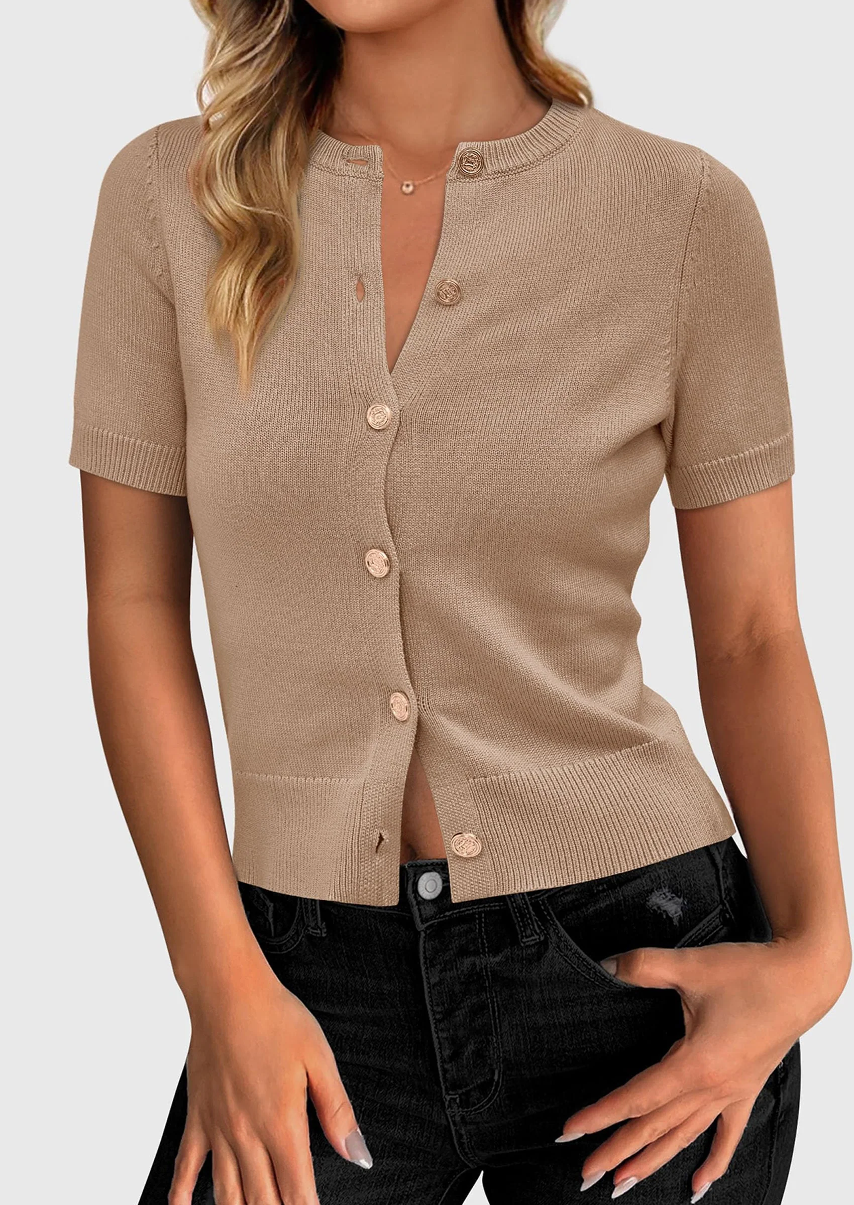 PRETTYGARDEN Womens Casual Summer Short Sleeve Cardigans Button Down Knitted Sweater Basic Crew Neck Crop Tops - Image 29