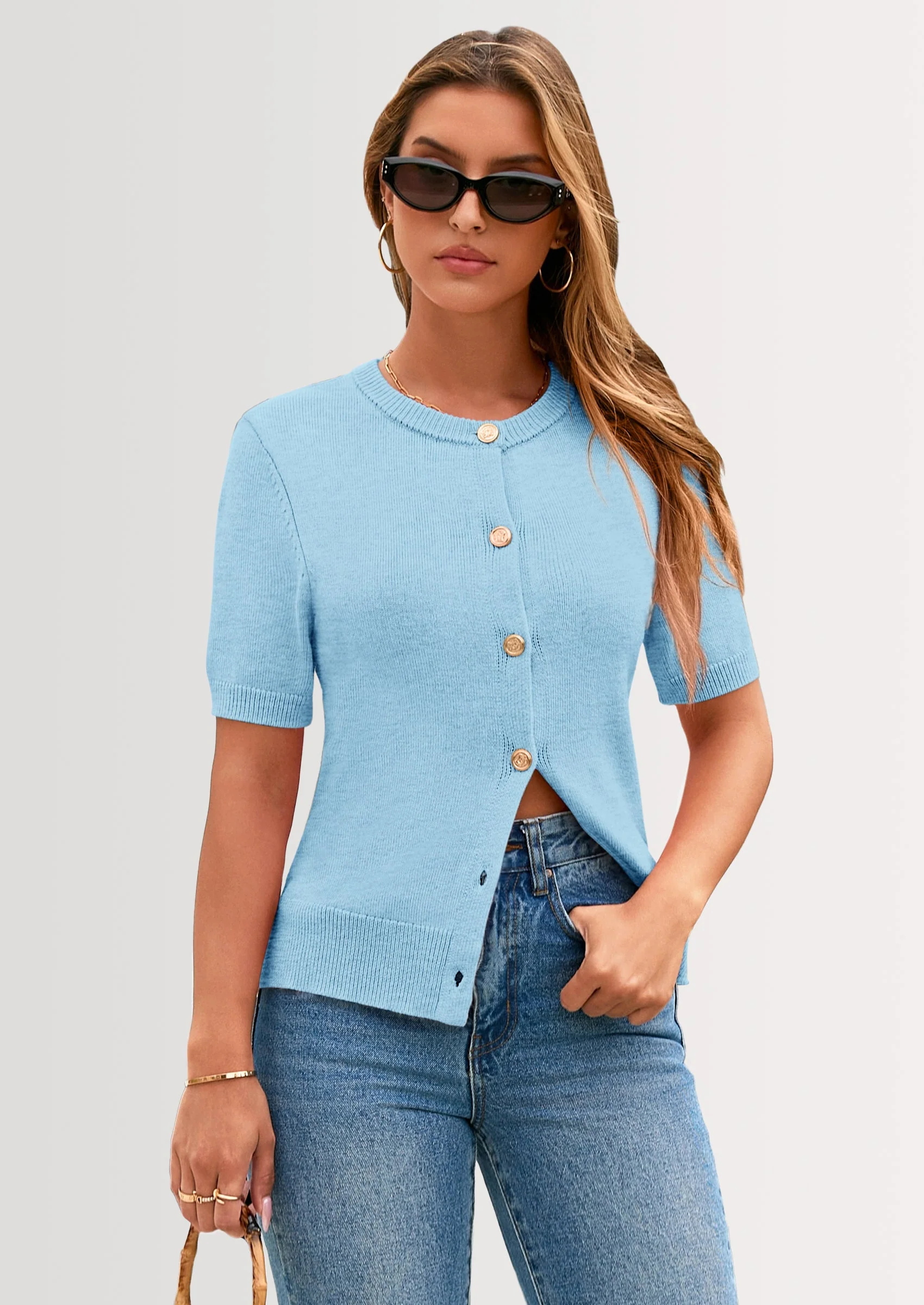 PRETTYGARDEN Womens Casual Summer Short Sleeve Cardigans Button Down Knitted Sweater Basic Crew Neck Crop Tops - Image 31