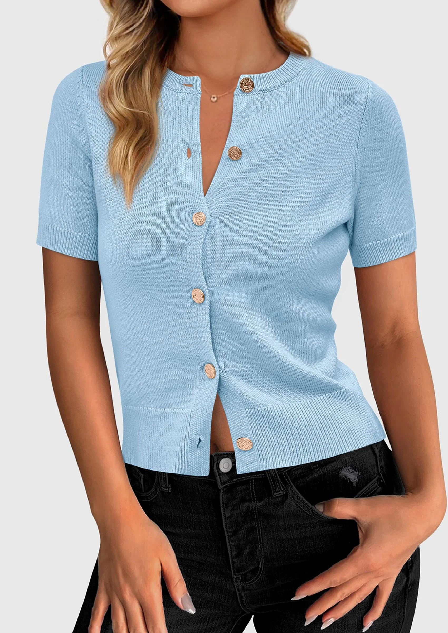 PRETTYGARDEN Womens Casual Summer Short Sleeve Cardigans Button Down Knitted Sweater Basic Crew Neck Crop Tops - Image 35