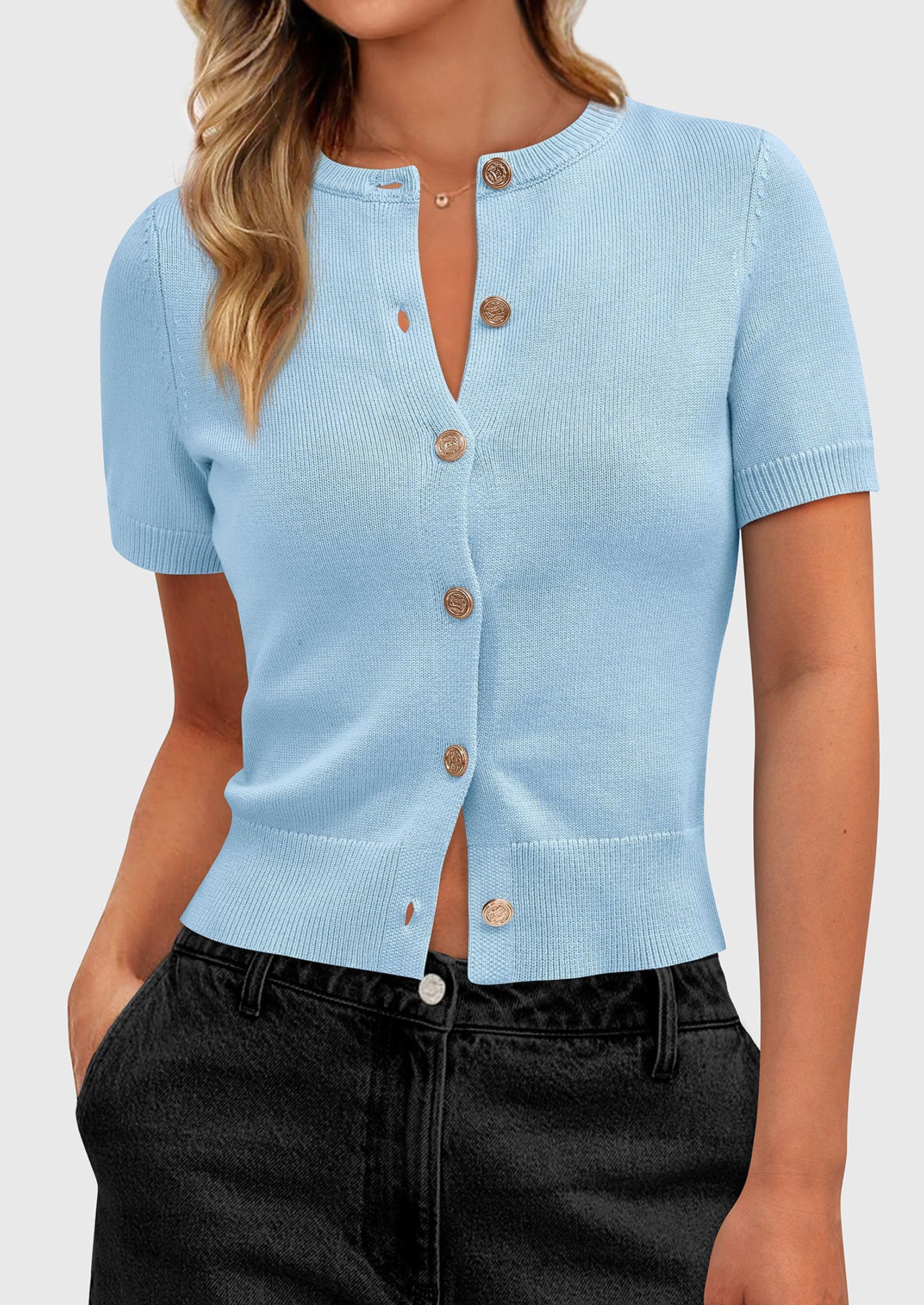 PRETTYGARDEN Womens Casual Summer Short Sleeve Cardigans Button Down Knitted Sweater Basic Crew Neck Crop Tops - Image 36