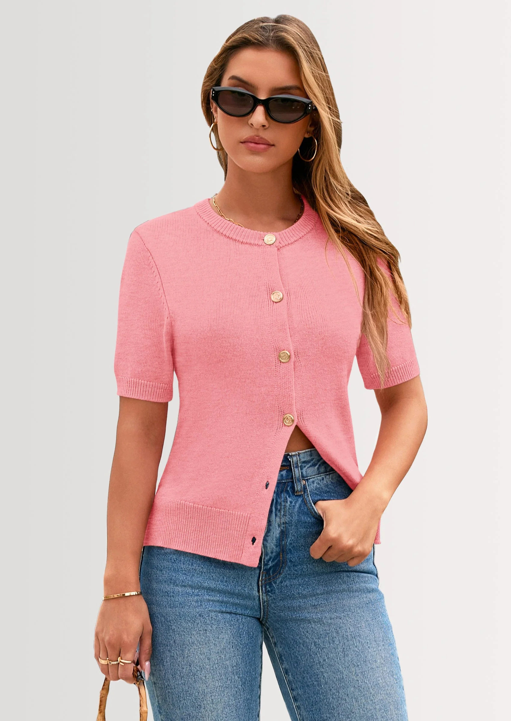 PRETTYGARDEN Womens Casual Summer Short Sleeve Cardigans Button Down Knitted Sweater Basic Crew Neck Crop Tops - Image 37