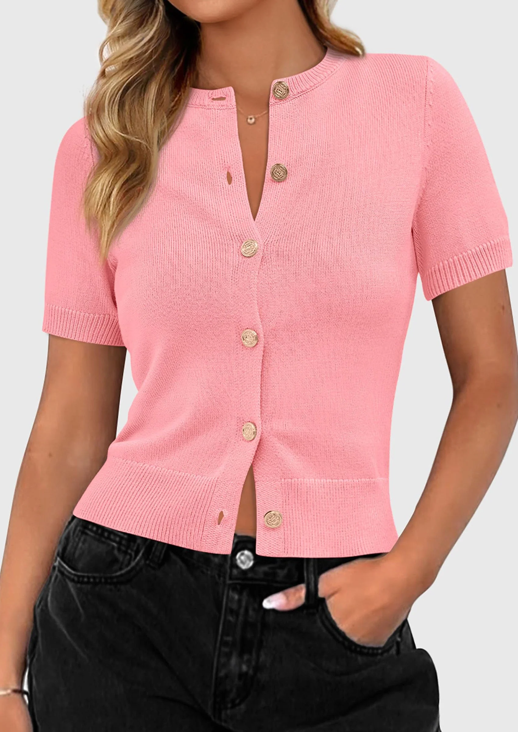 PRETTYGARDEN Womens Casual Summer Short Sleeve Cardigans Button Down Knitted Sweater Basic Crew Neck Crop Tops - Image 38