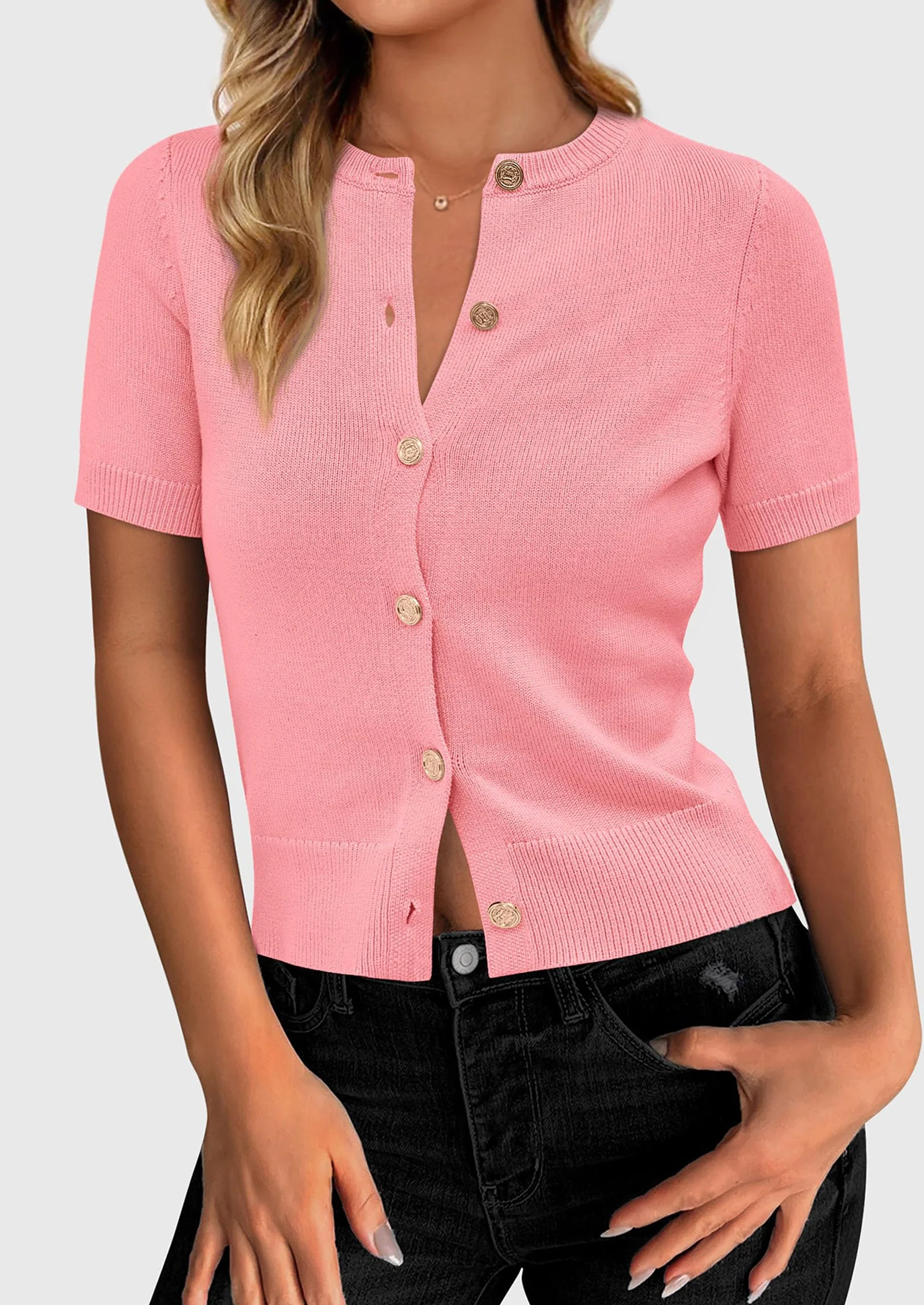 PRETTYGARDEN Womens Casual Summer Short Sleeve Cardigans Button Down Knitted Sweater Basic Crew Neck Crop Tops - Image 41