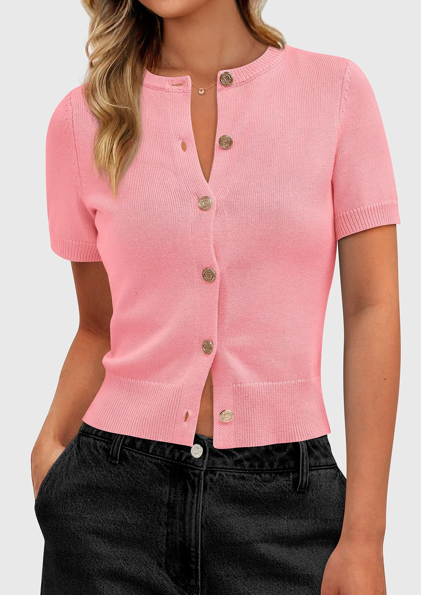 PRETTYGARDEN Womens Casual Summer Short Sleeve Cardigans Button Down Knitted Sweater Basic Crew Neck Crop Tops - Image 42