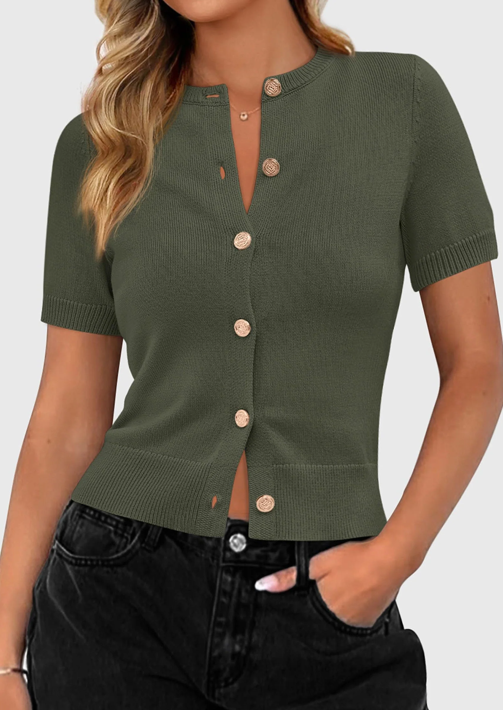 PRETTYGARDEN Womens Casual Summer Short Sleeve Cardigans Button Down Knitted Sweater Basic Crew Neck Crop Tops - Image 9