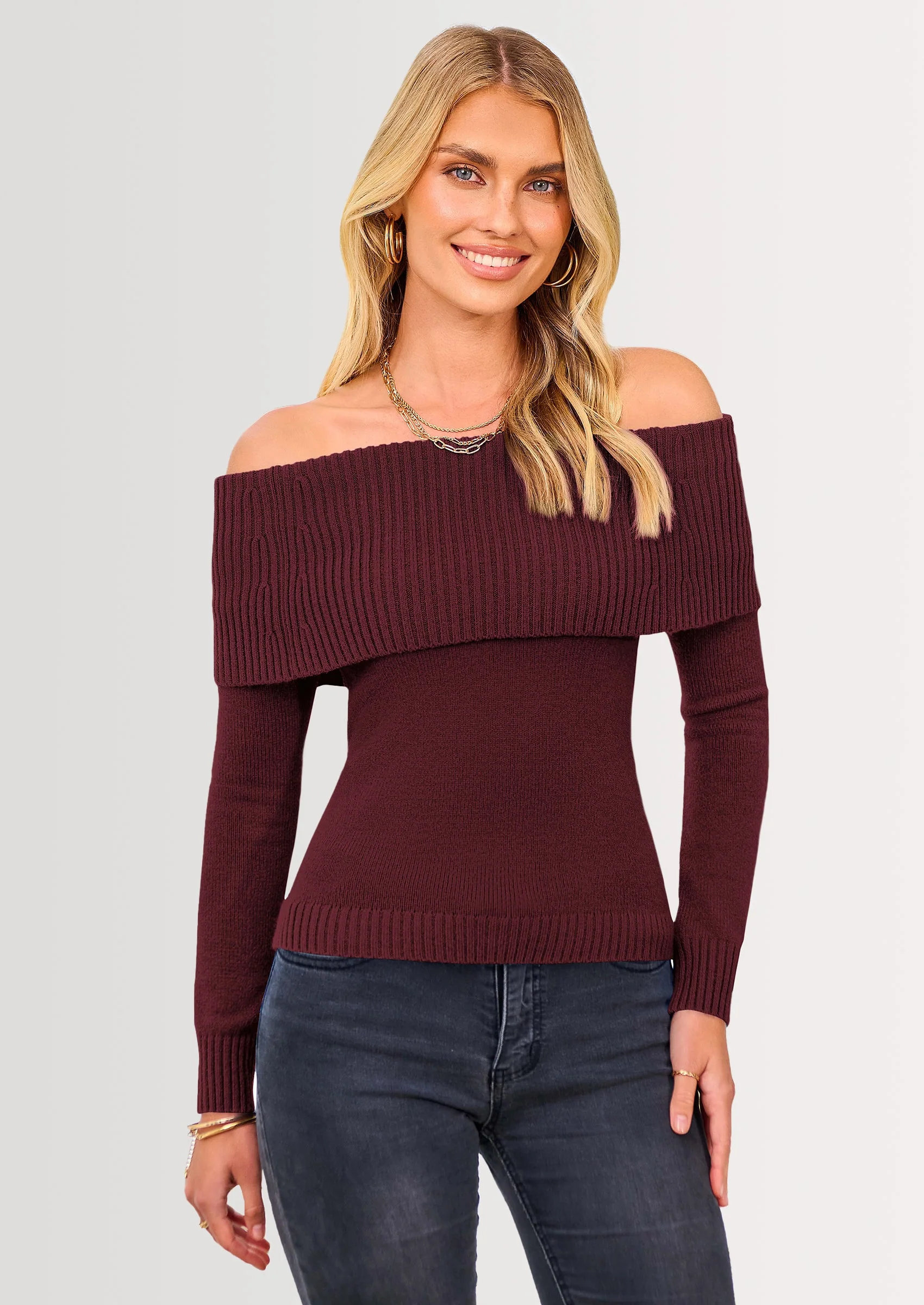 PRETTYGARDEN Women's Fall Off Shoulder Sweaters Y2K Long Sleeve Ribbed Knit Fitted Pullover Winter Date Night Tops Blouse - Image 51