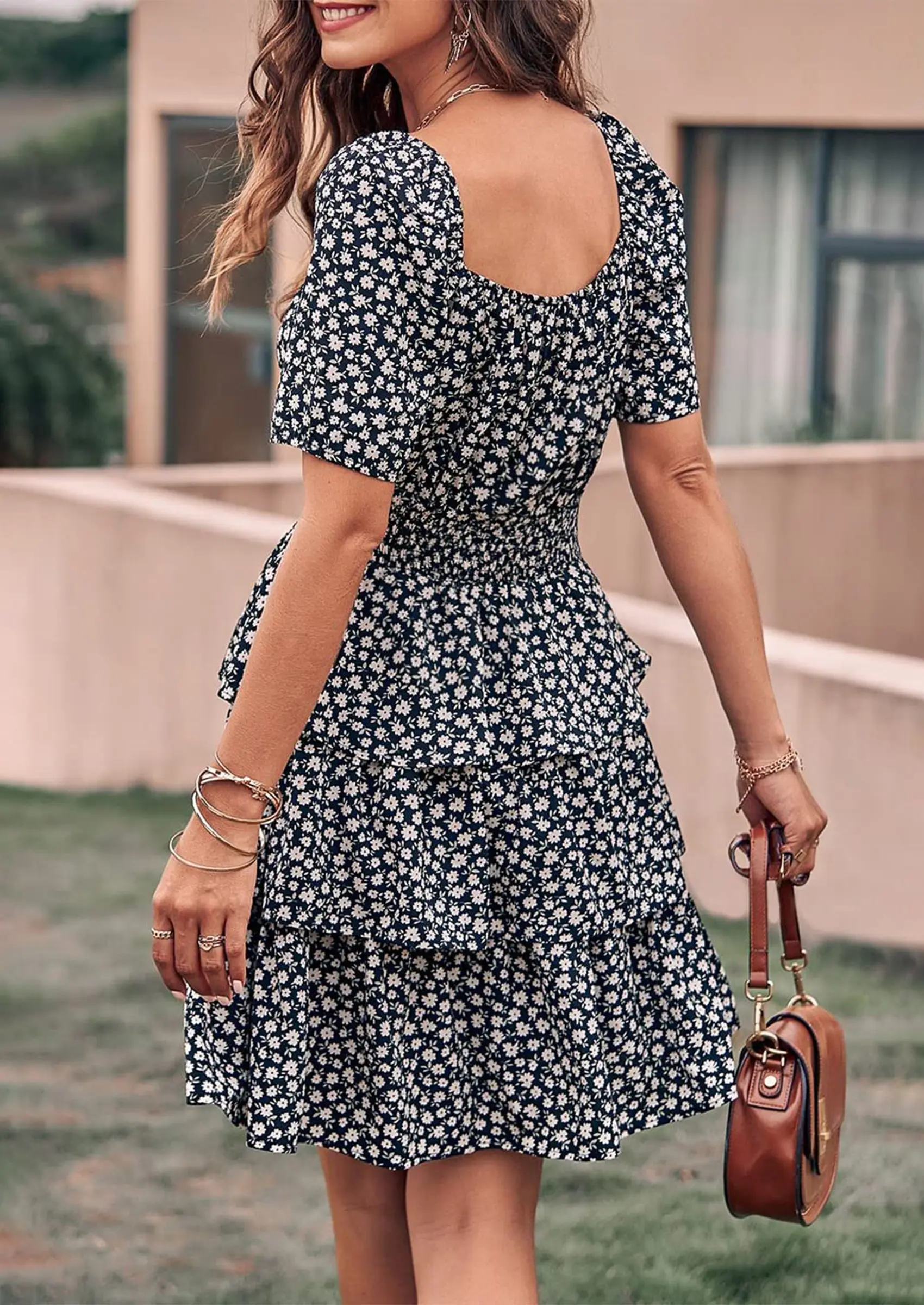 PRETTYGARDEN Women Floral Square Neck Short Sleeve Tiered Ruffle Boho Mini Dresses - Image 10