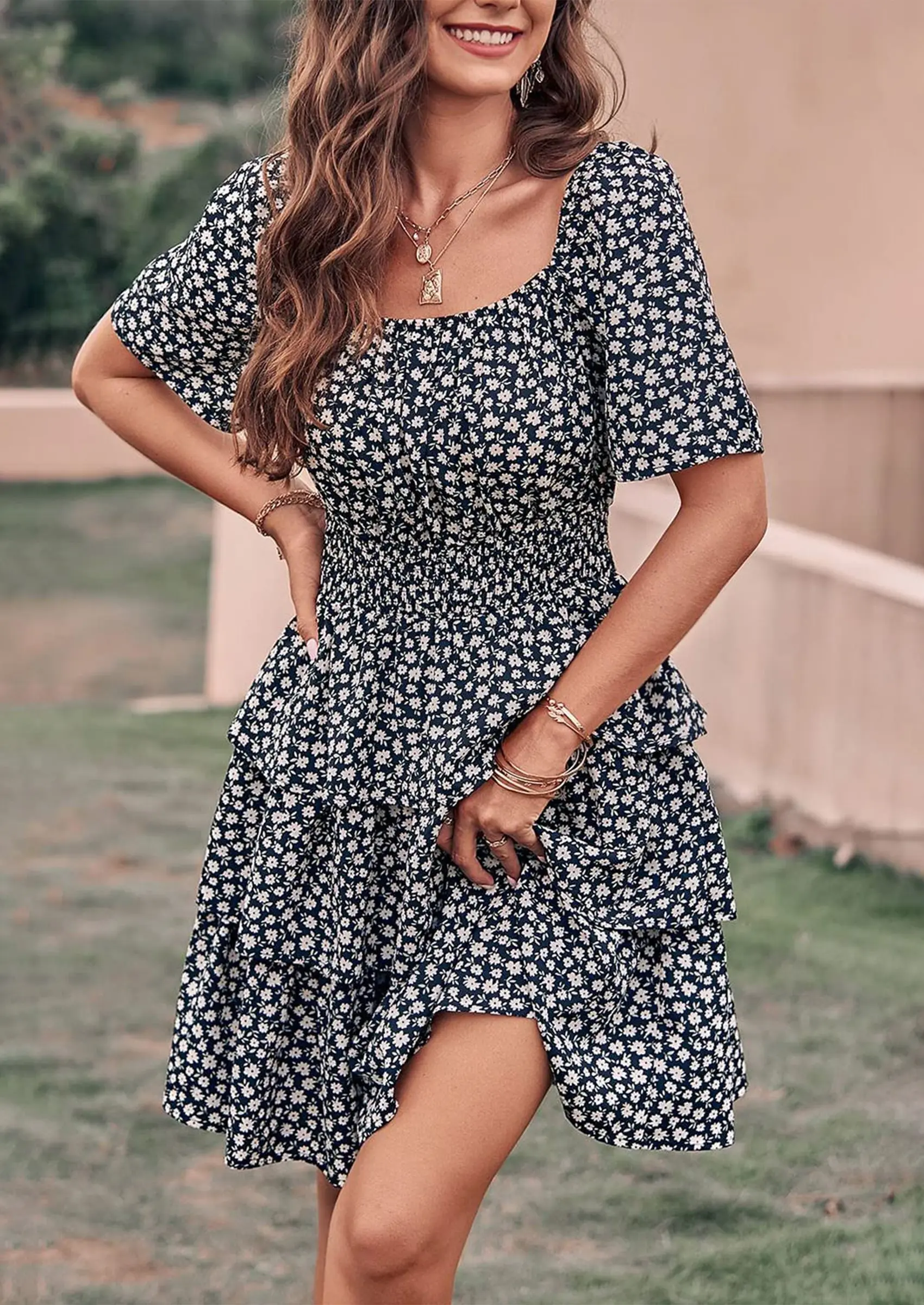 PRETTYGARDEN Women Floral Square Neck Short Sleeve Tiered Ruffle Boho Mini Dresses - Image 11