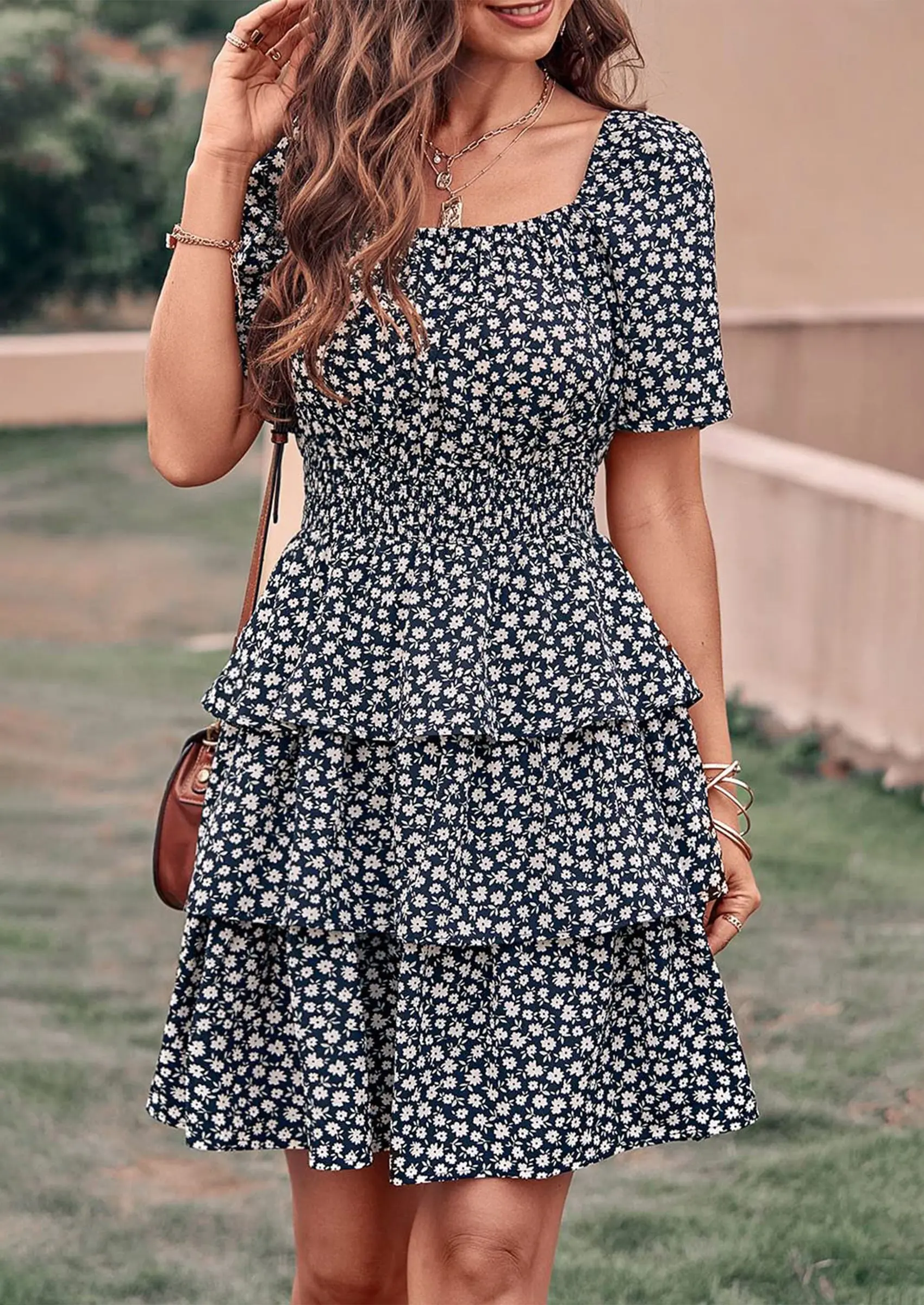 PRETTYGARDEN Women Floral Square Neck Short Sleeve Tiered Ruffle Boho Mini Dresses - Image 12