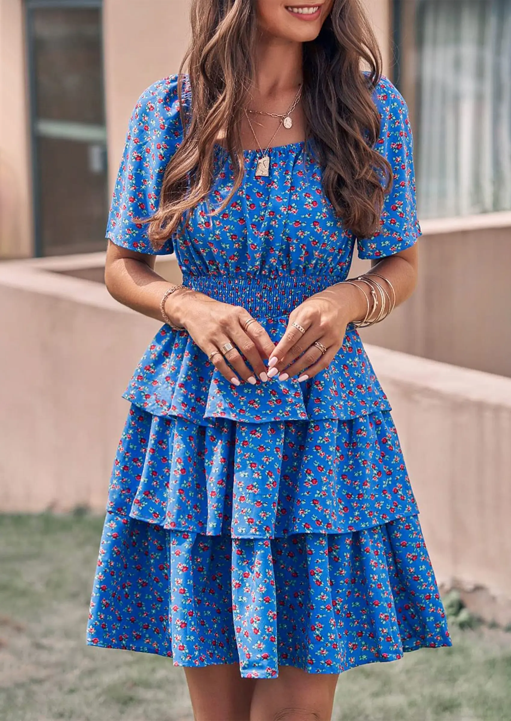 PRETTYGARDEN Women Floral Square Neck Short Sleeve Tiered Ruffle Boho Mini Dresses - Image 15