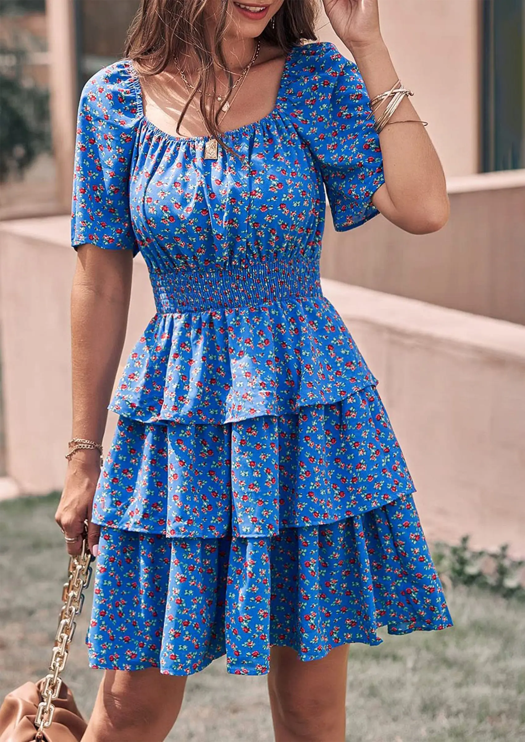 PRETTYGARDEN Women Floral Square Neck Short Sleeve Tiered Ruffle Boho Mini Dresses - Image 16