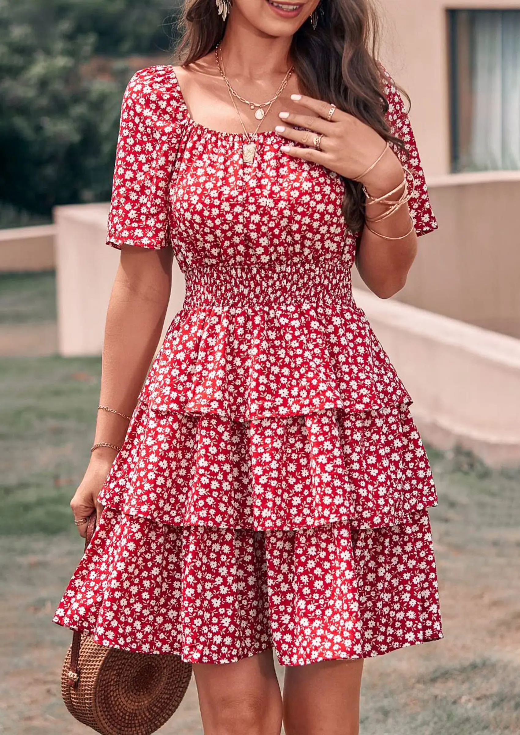 PRETTYGARDEN Women Floral Square Neck Short Sleeve Tiered Ruffle Boho Mini Dresses - Image 18