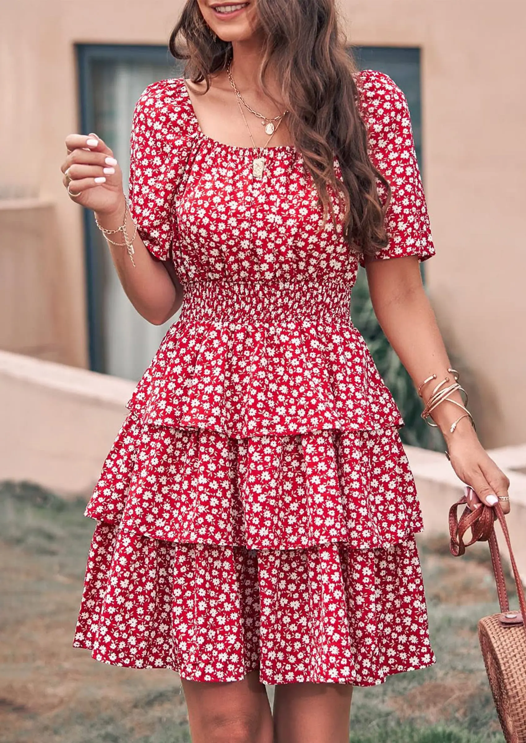 PRETTYGARDEN Women Floral Square Neck Short Sleeve Tiered Ruffle Boho Mini Dresses - Image 19