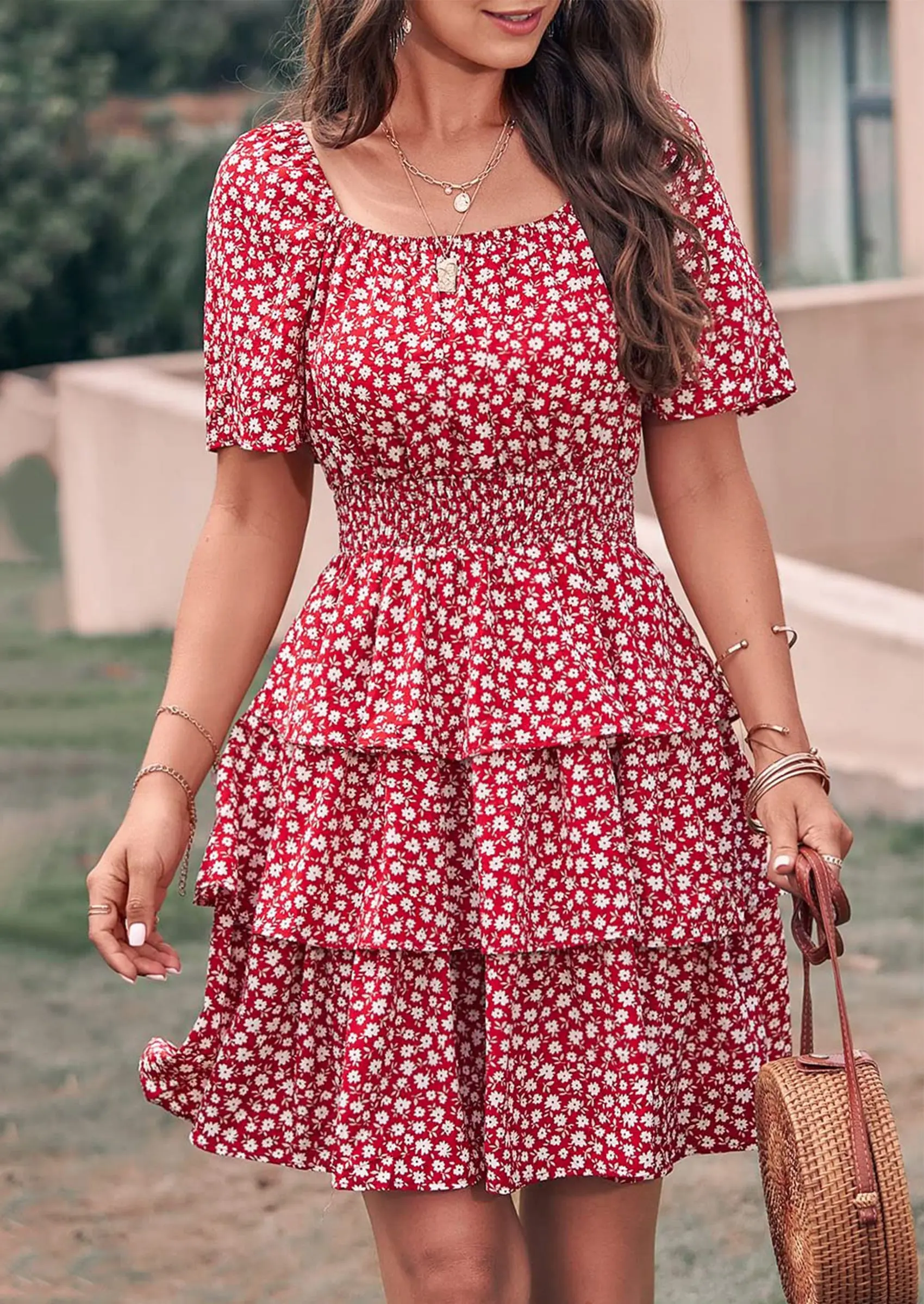 PRETTYGARDEN Women Floral Square Neck Short Sleeve Tiered Ruffle Boho Mini Dresses - Image 20