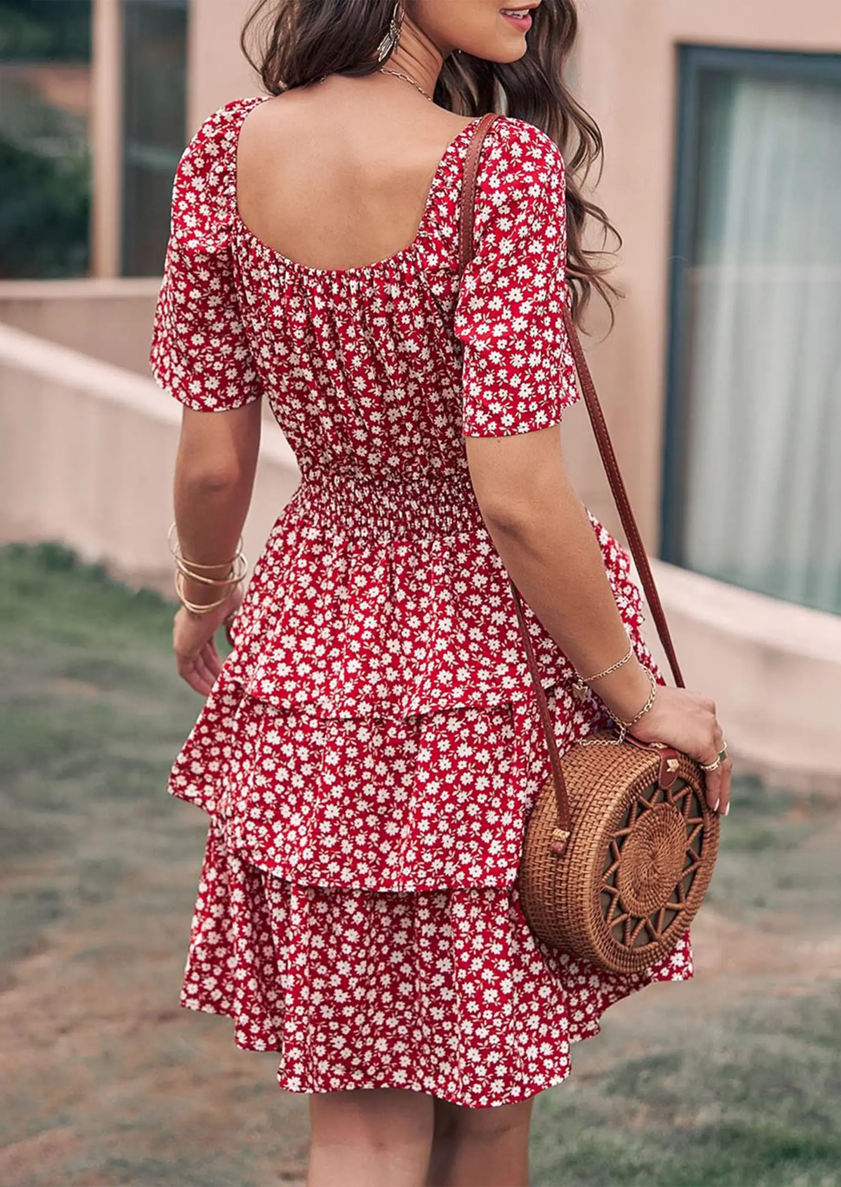 PRETTYGARDEN Women Floral Square Neck Short Sleeve Tiered Ruffle Boho Mini Dresses - Image 21