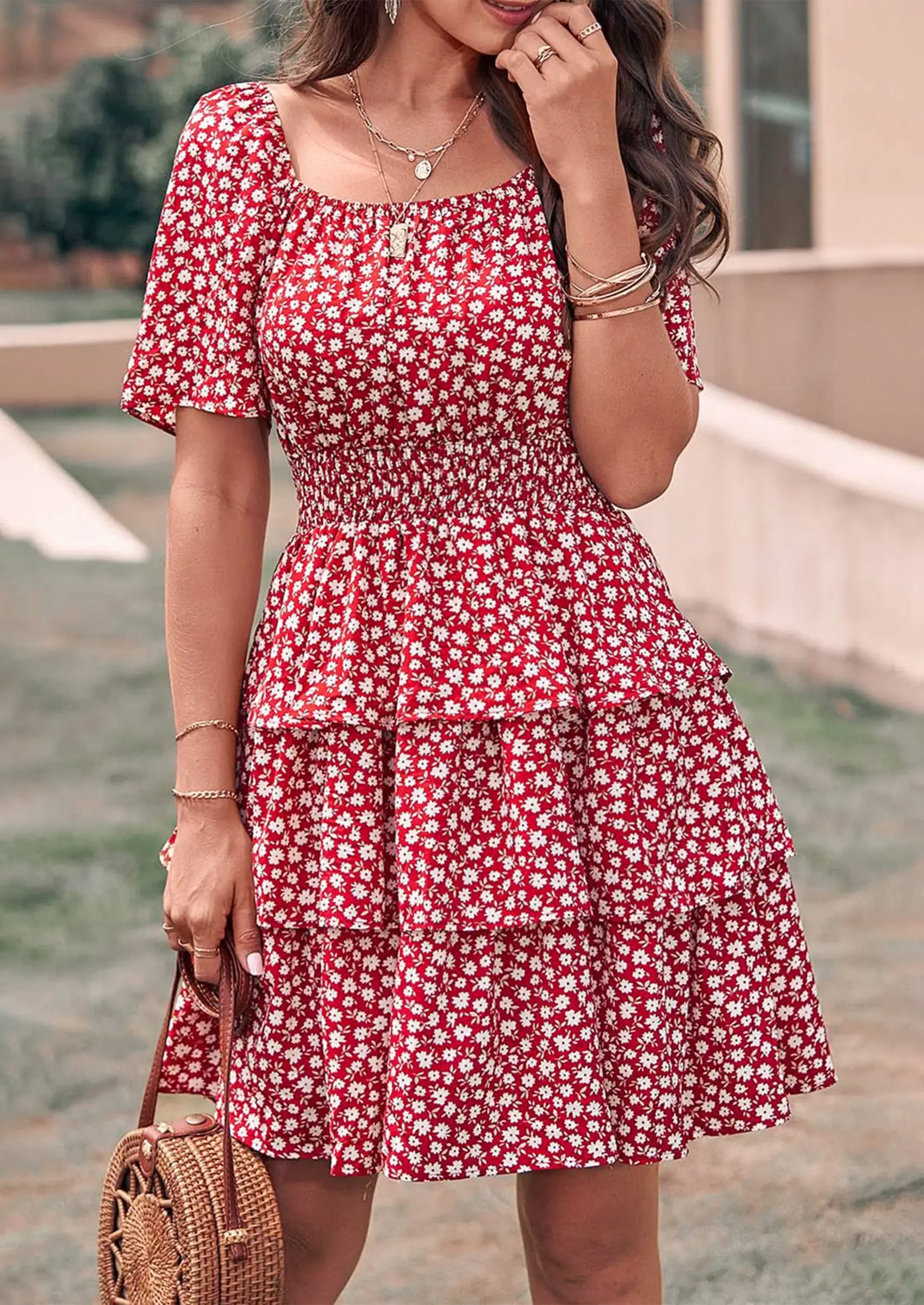 PRETTYGARDEN Women Floral Square Neck Short Sleeve Tiered Ruffle Boho Mini Dresses - Image 22