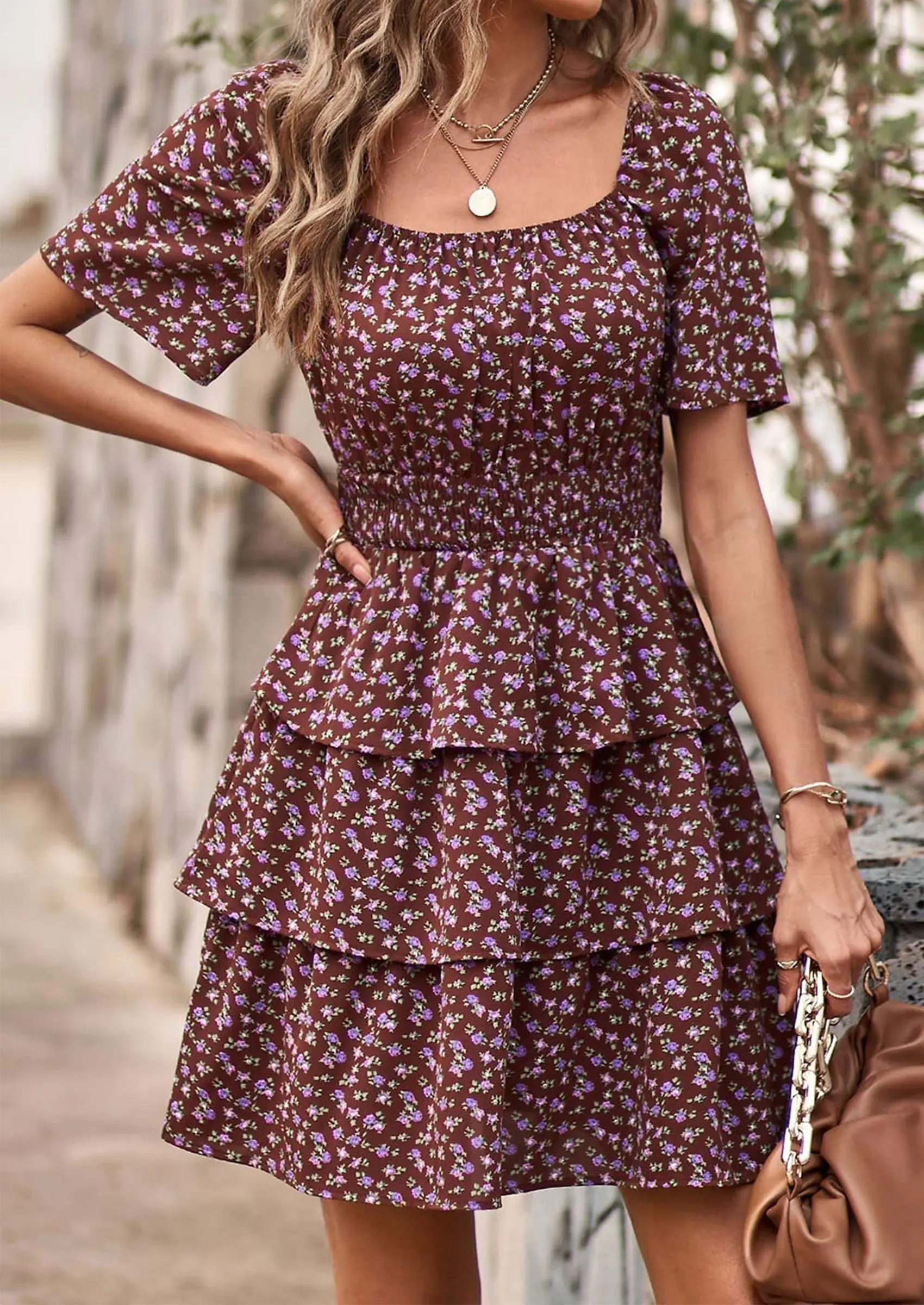 PRETTYGARDEN Women Floral Square Neck Short Sleeve Tiered Ruffle Boho Mini Dresses - Image 23