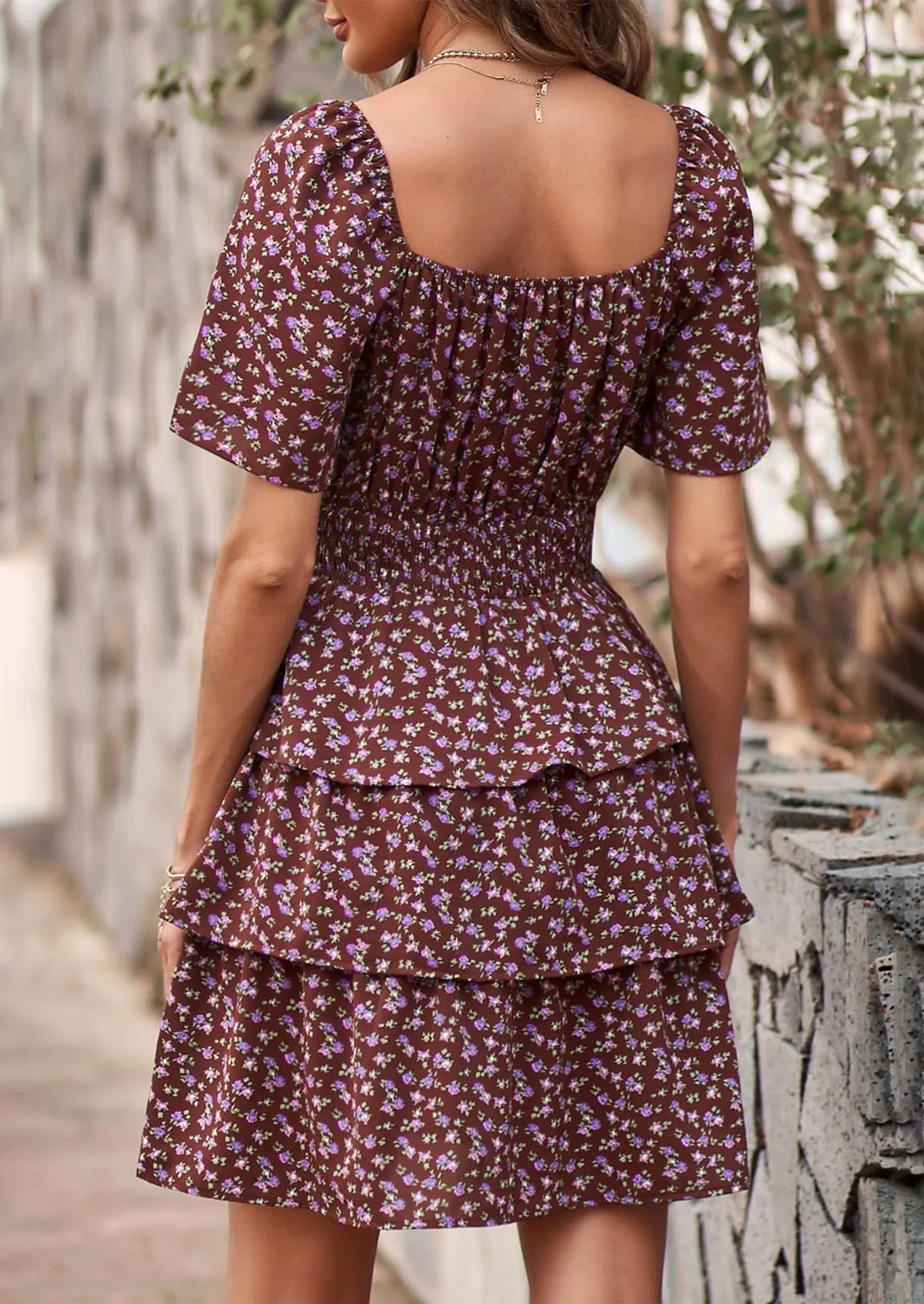 PRETTYGARDEN Women Floral Square Neck Short Sleeve Tiered Ruffle Boho Mini Dresses - Image 24