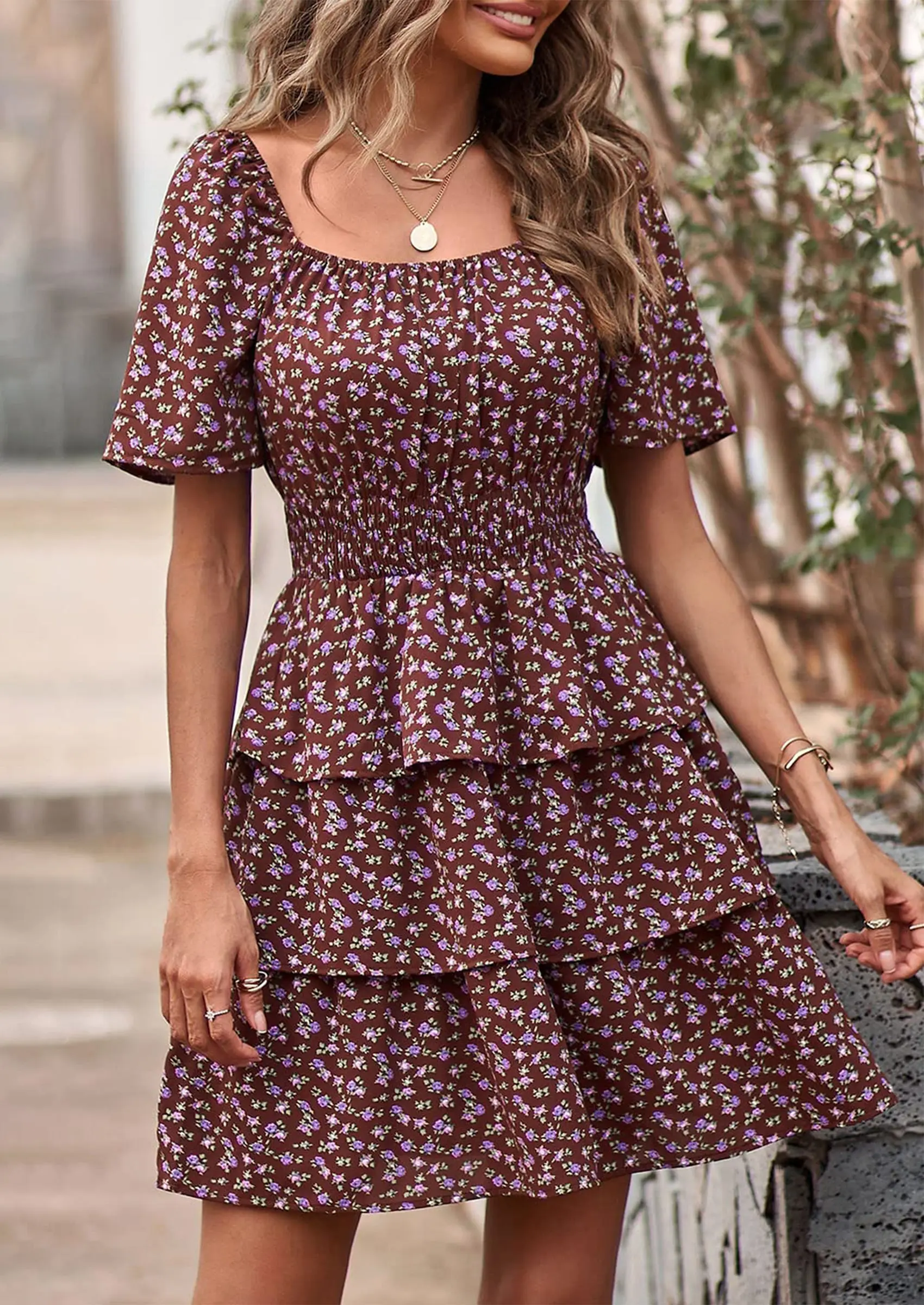 PRETTYGARDEN Women Floral Square Neck Short Sleeve Tiered Ruffle Boho Mini Dresses - Image 25