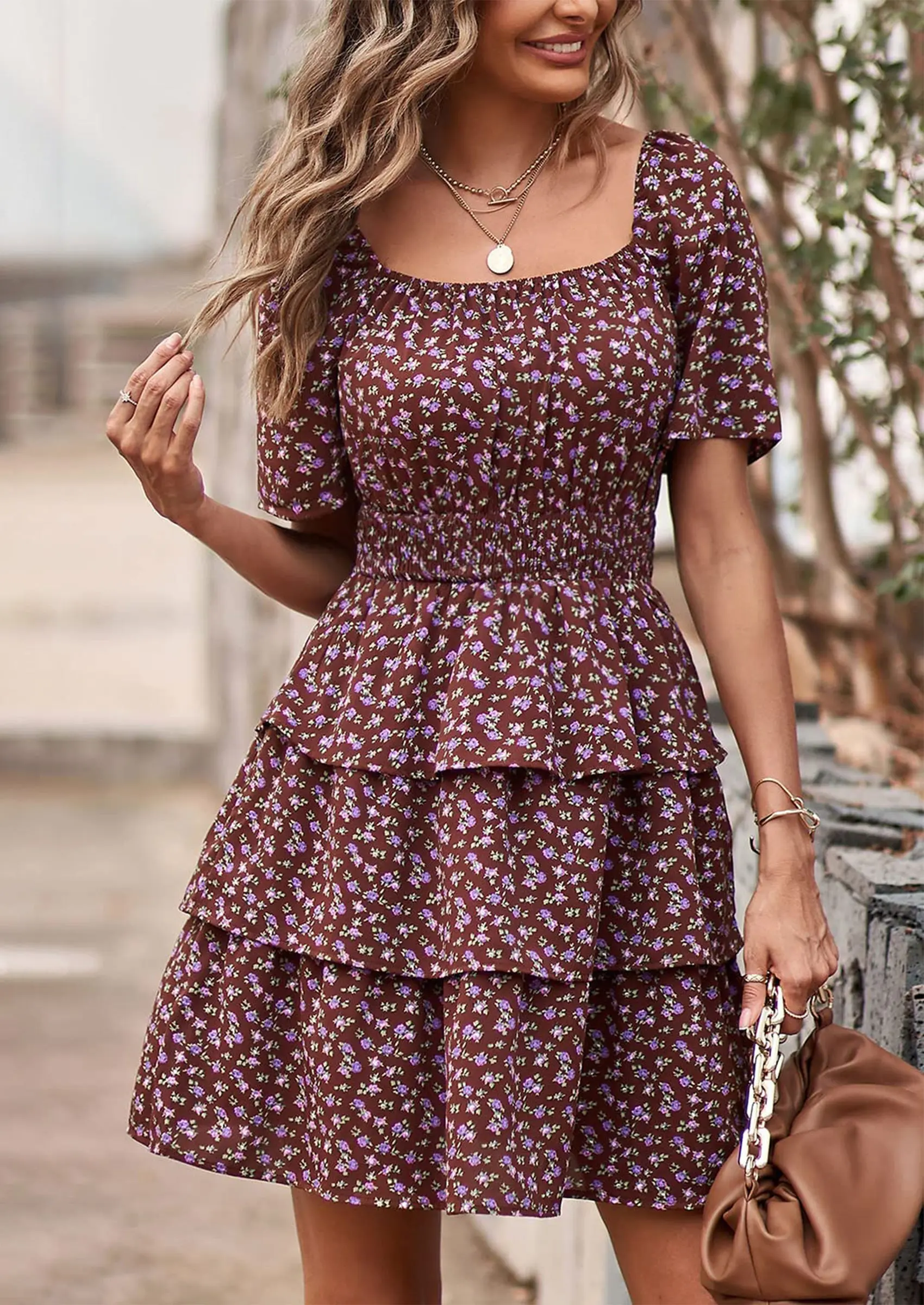 PRETTYGARDEN Women Floral Square Neck Short Sleeve Tiered Ruffle Boho Mini Dresses - Image 26