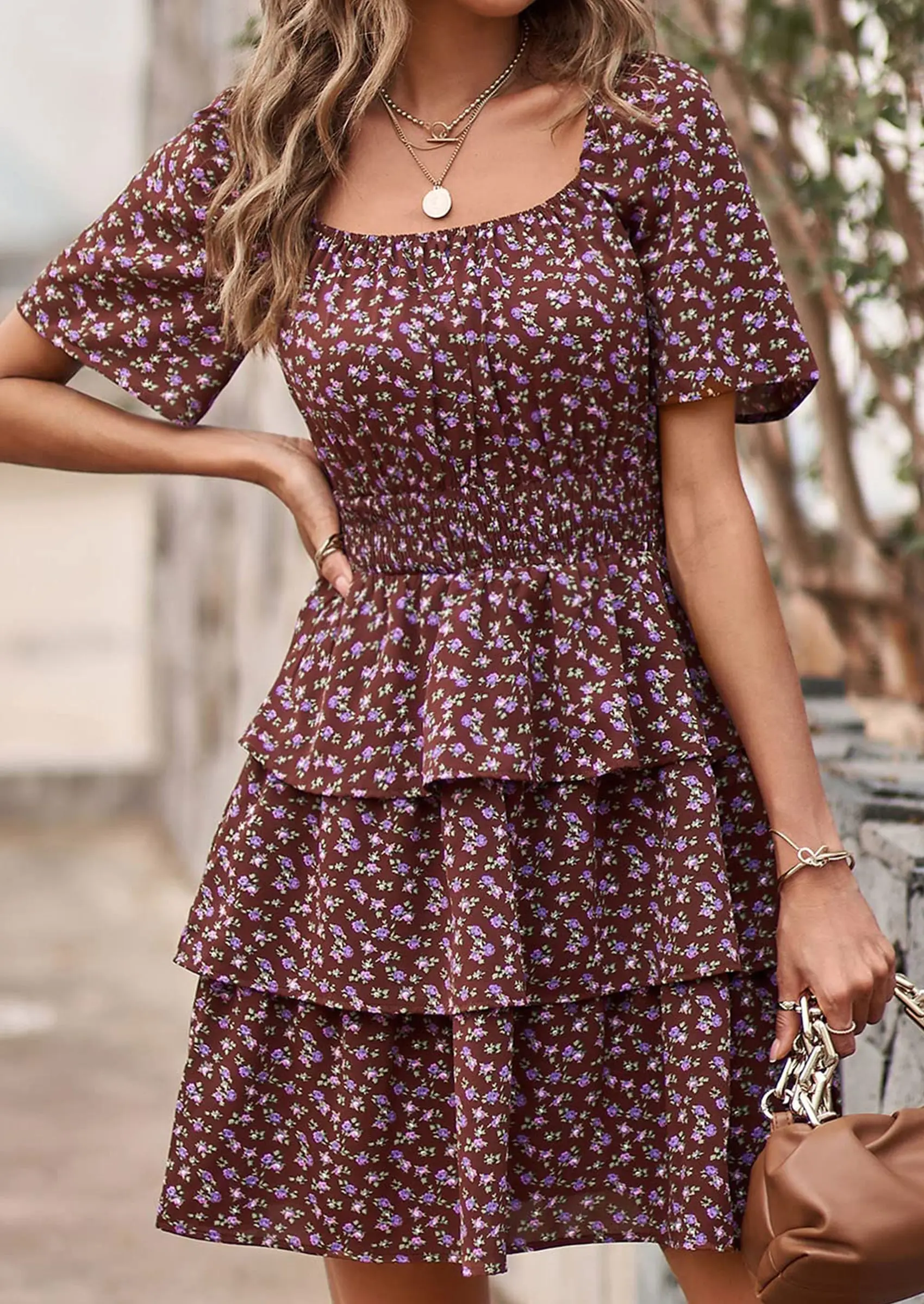 PRETTYGARDEN Women Floral Square Neck Short Sleeve Tiered Ruffle Boho Mini Dresses - Image 27