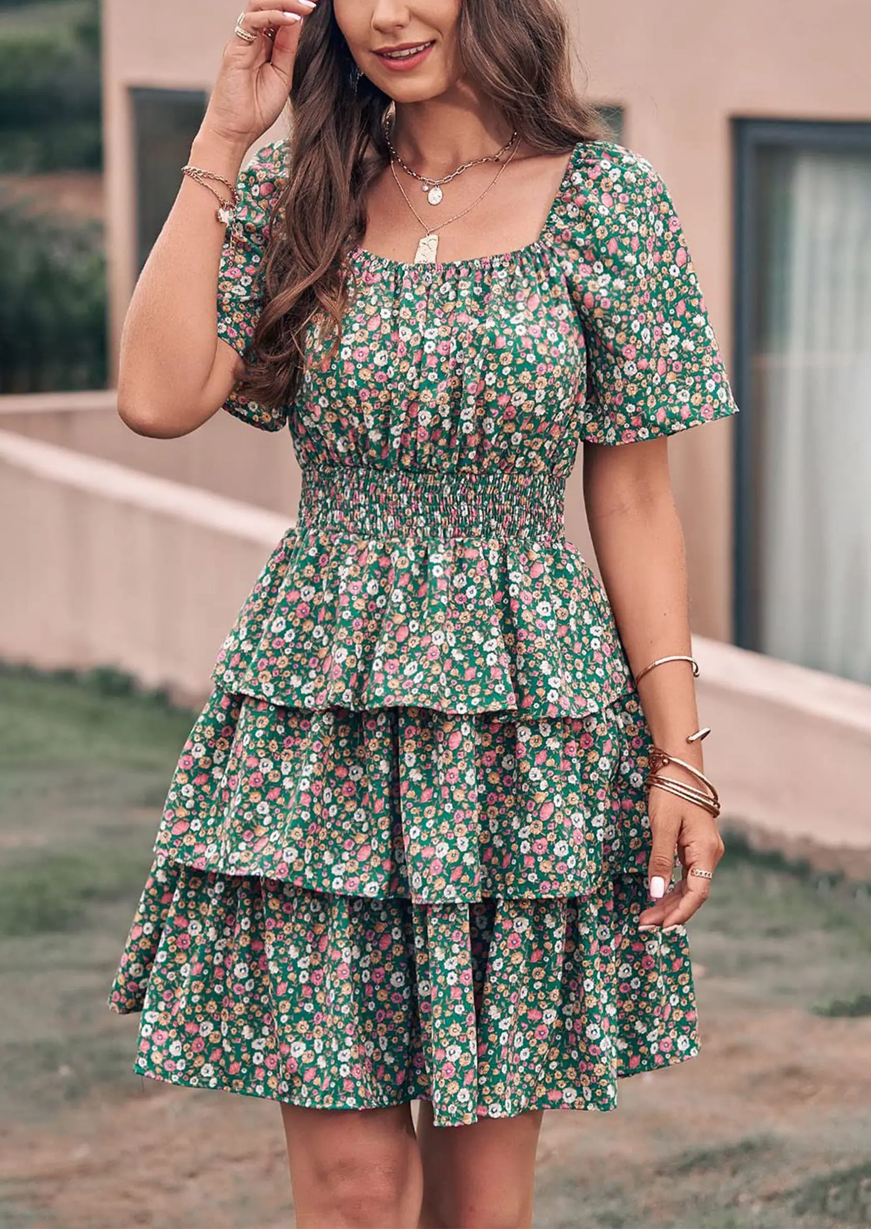 PRETTYGARDEN Women Floral Square Neck Short Sleeve Tiered Ruffle Boho Mini Dresses - Image 28