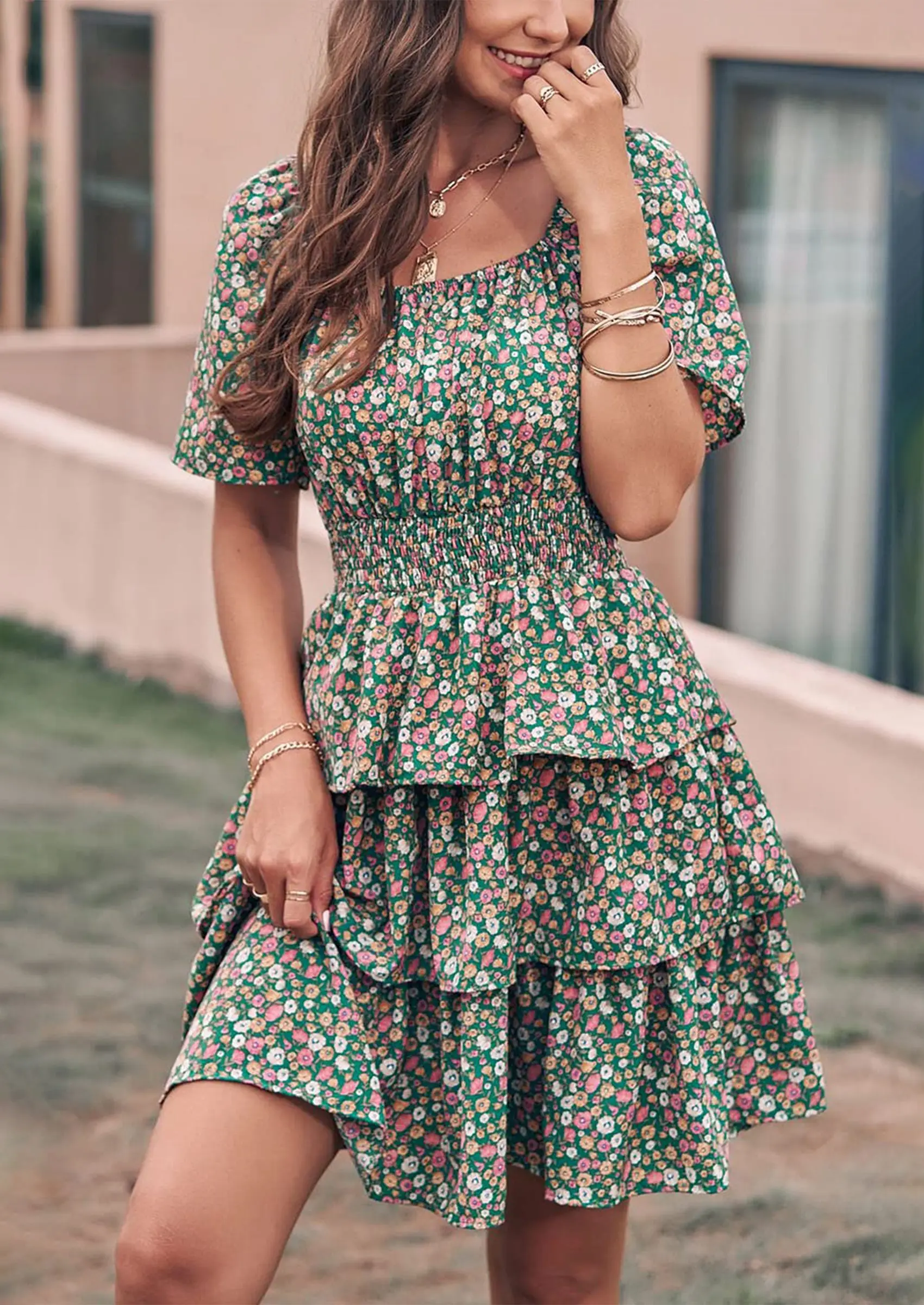 PRETTYGARDEN Women Floral Square Neck Short Sleeve Tiered Ruffle Boho Mini Dresses - Image 29