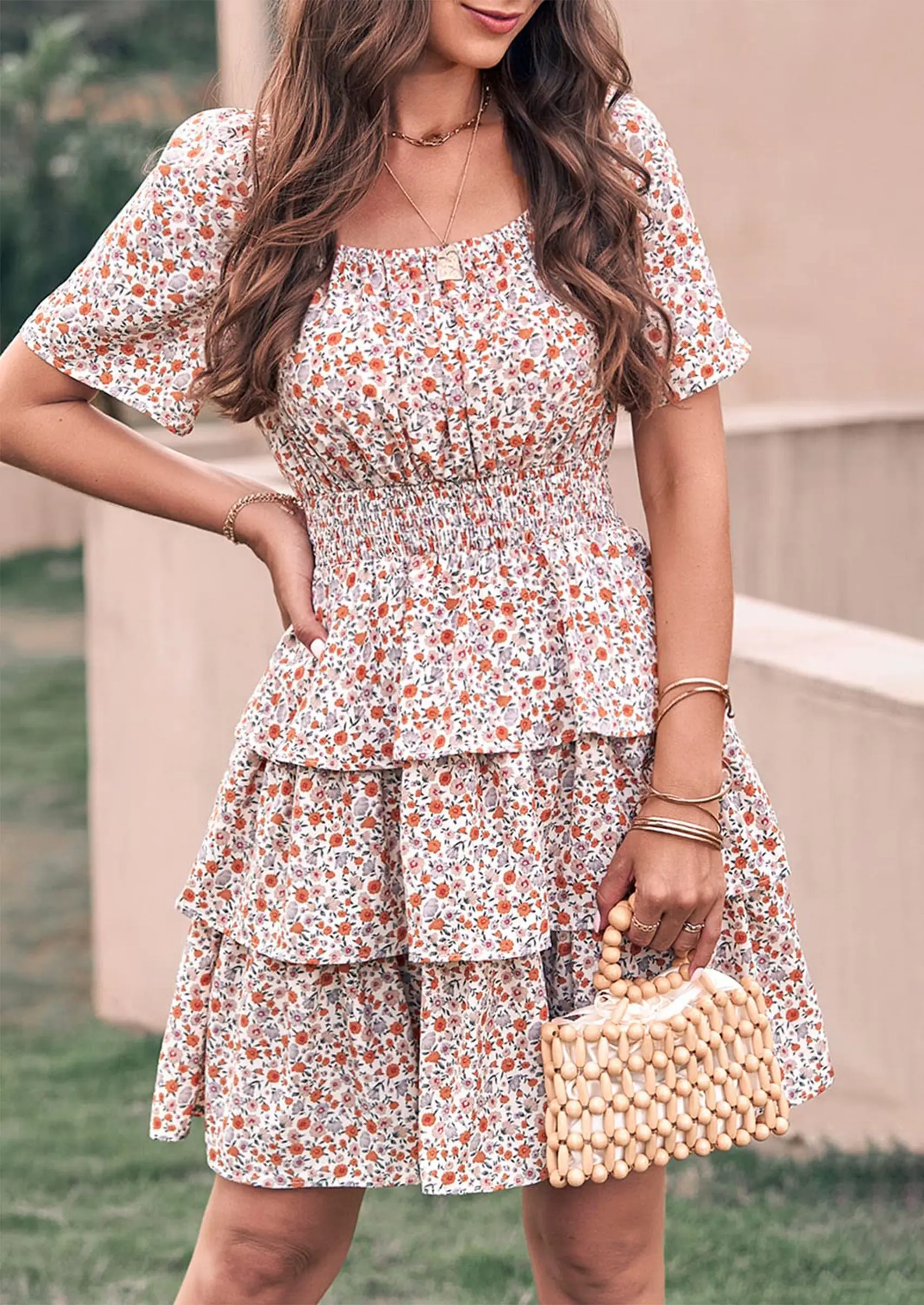 PRETTYGARDEN Women Floral Square Neck Short Sleeve Tiered Ruffle Boho Mini Dresses - Image 3