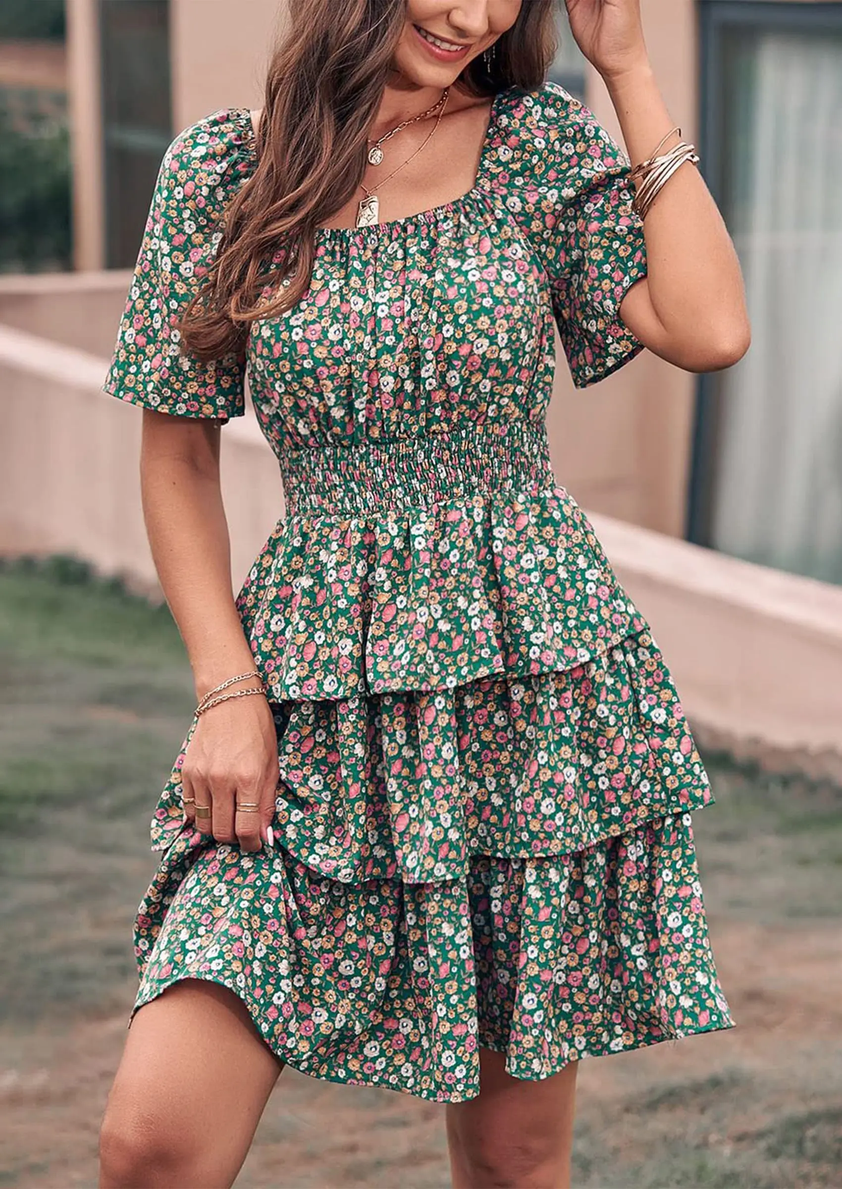 PRETTYGARDEN Women Floral Square Neck Short Sleeve Tiered Ruffle Boho Mini Dresses - Image 30