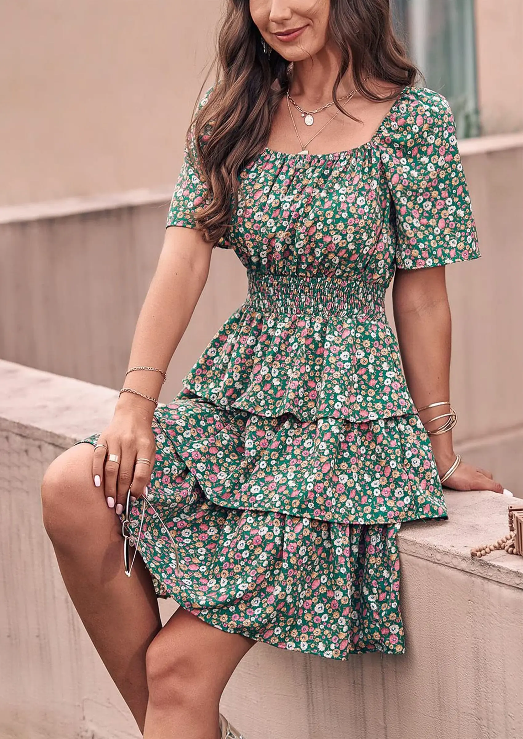 PRETTYGARDEN Women Floral Square Neck Short Sleeve Tiered Ruffle Boho Mini Dresses - Image 31