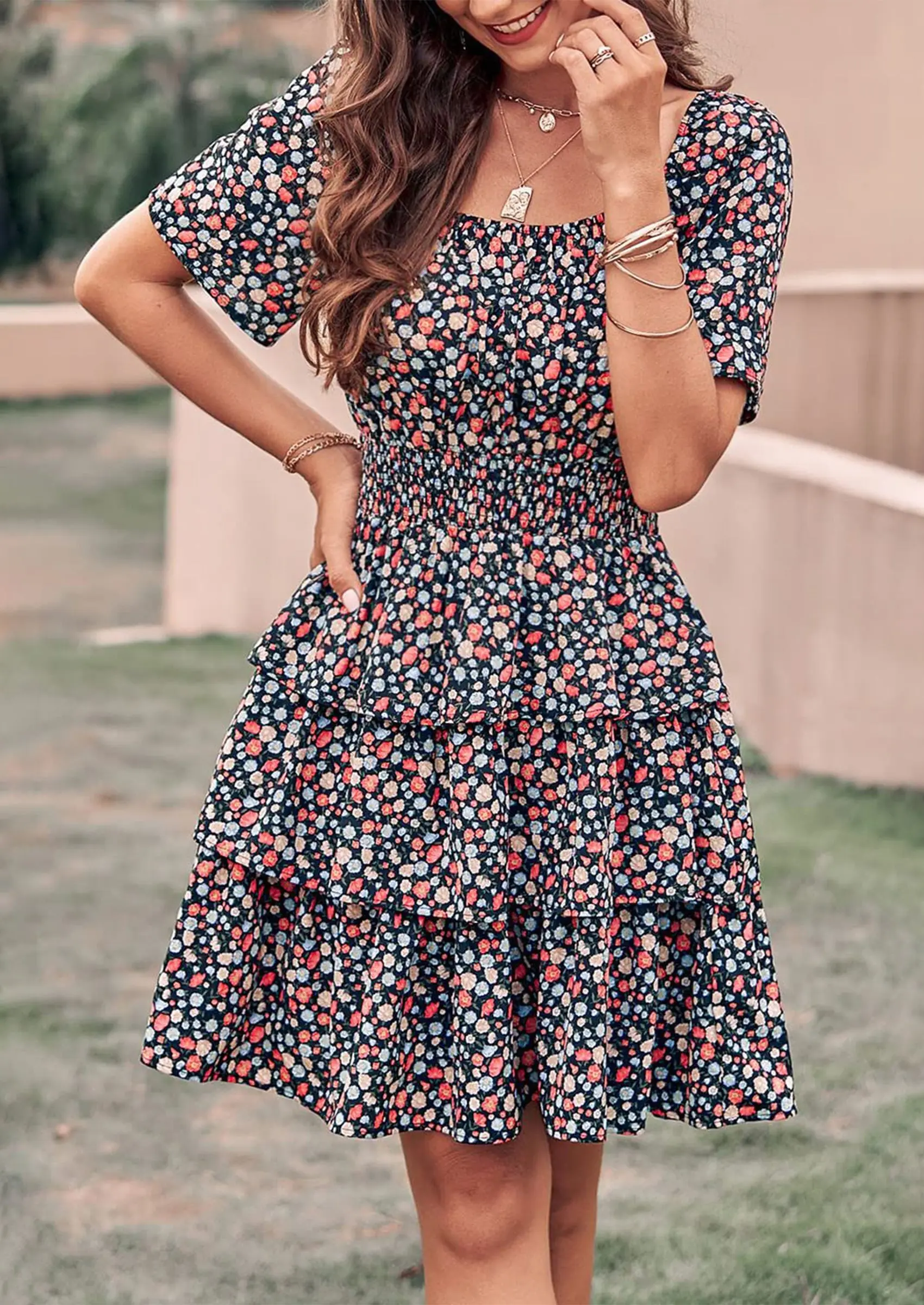 PRETTYGARDEN Women Floral Square Neck Short Sleeve Tiered Ruffle Boho Mini Dresses - Image 32