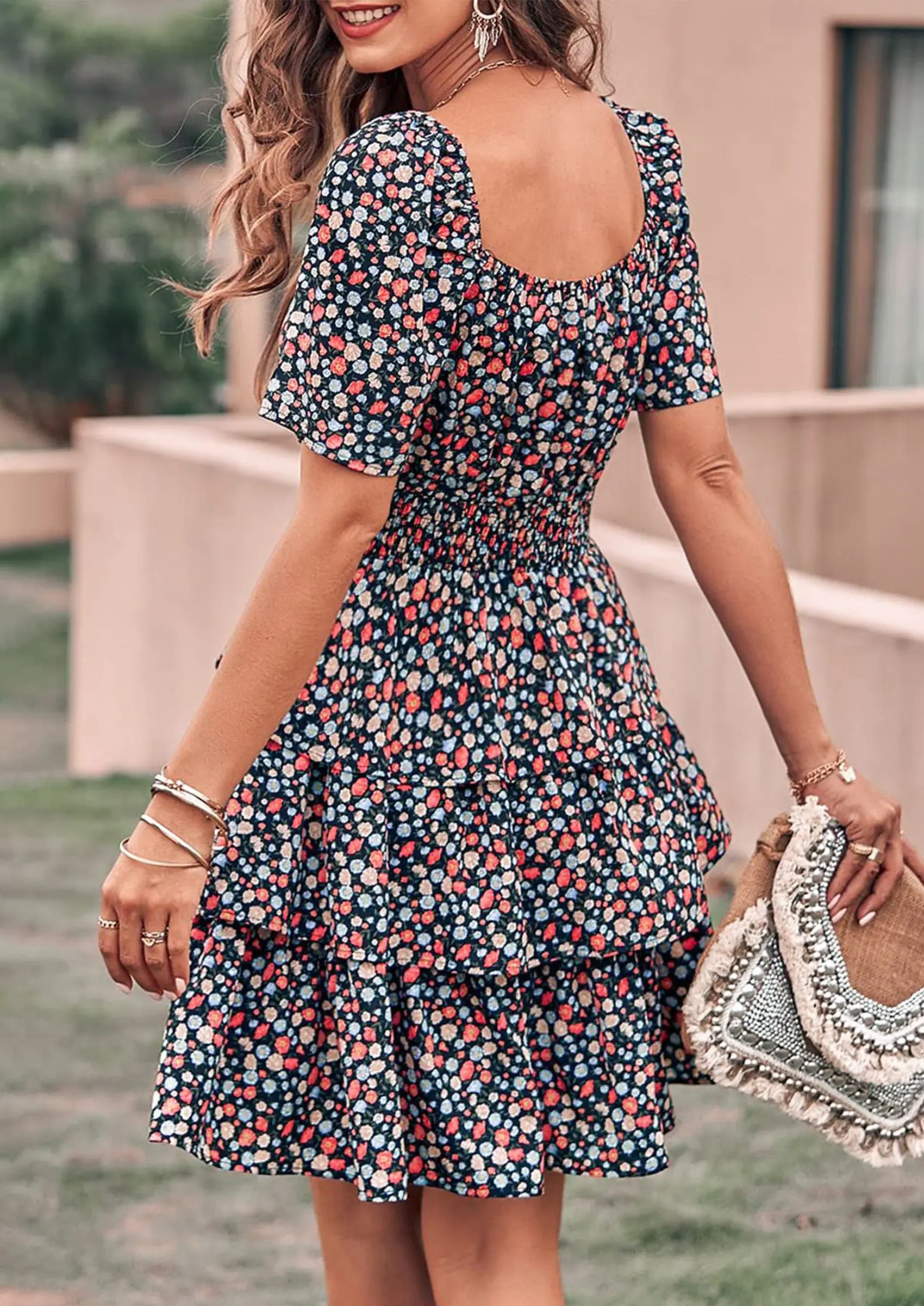 PRETTYGARDEN Women Floral Square Neck Short Sleeve Tiered Ruffle Boho Mini Dresses - Image 33