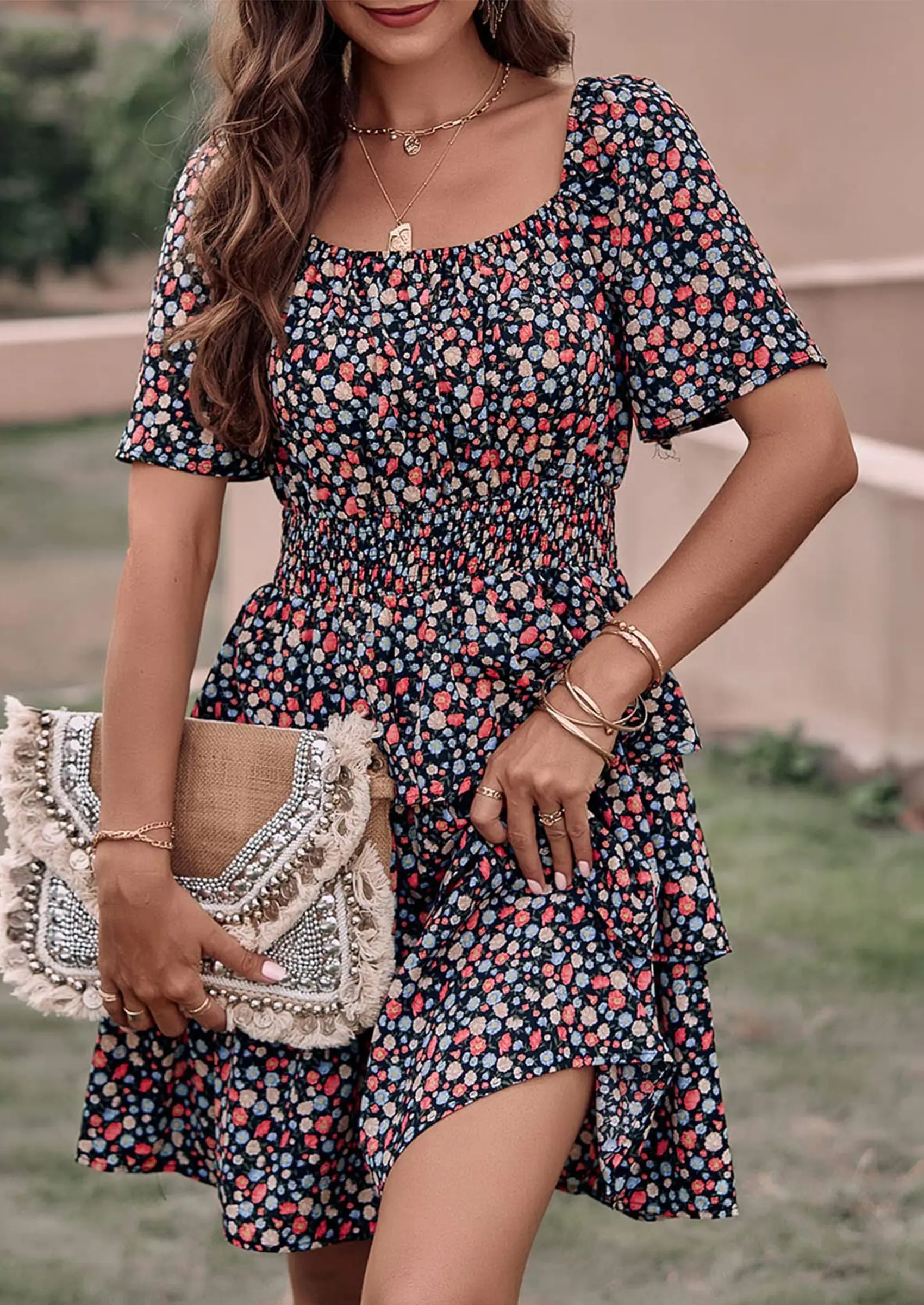 PRETTYGARDEN Women Floral Square Neck Short Sleeve Tiered Ruffle Boho Mini Dresses - Image 34