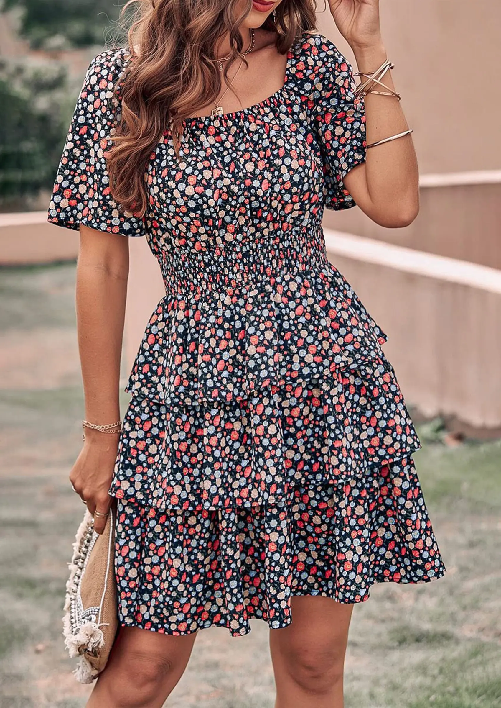 PRETTYGARDEN Women Floral Square Neck Short Sleeve Tiered Ruffle Boho Mini Dresses - Image 35