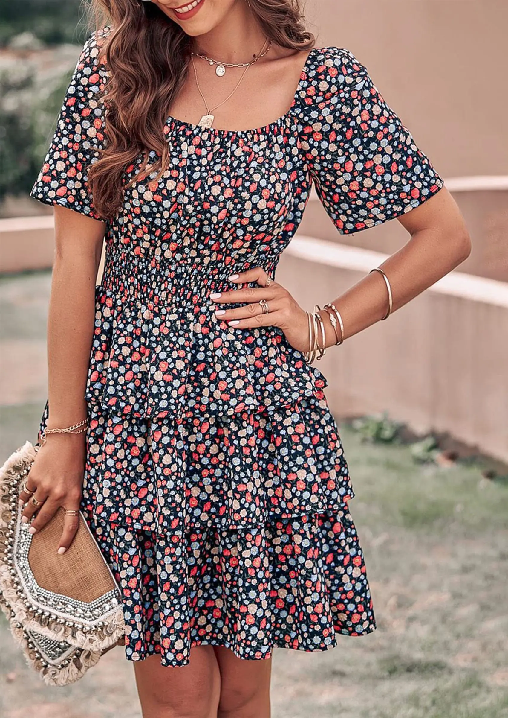 PRETTYGARDEN Women Floral Square Neck Short Sleeve Tiered Ruffle Boho Mini Dresses - Image 36