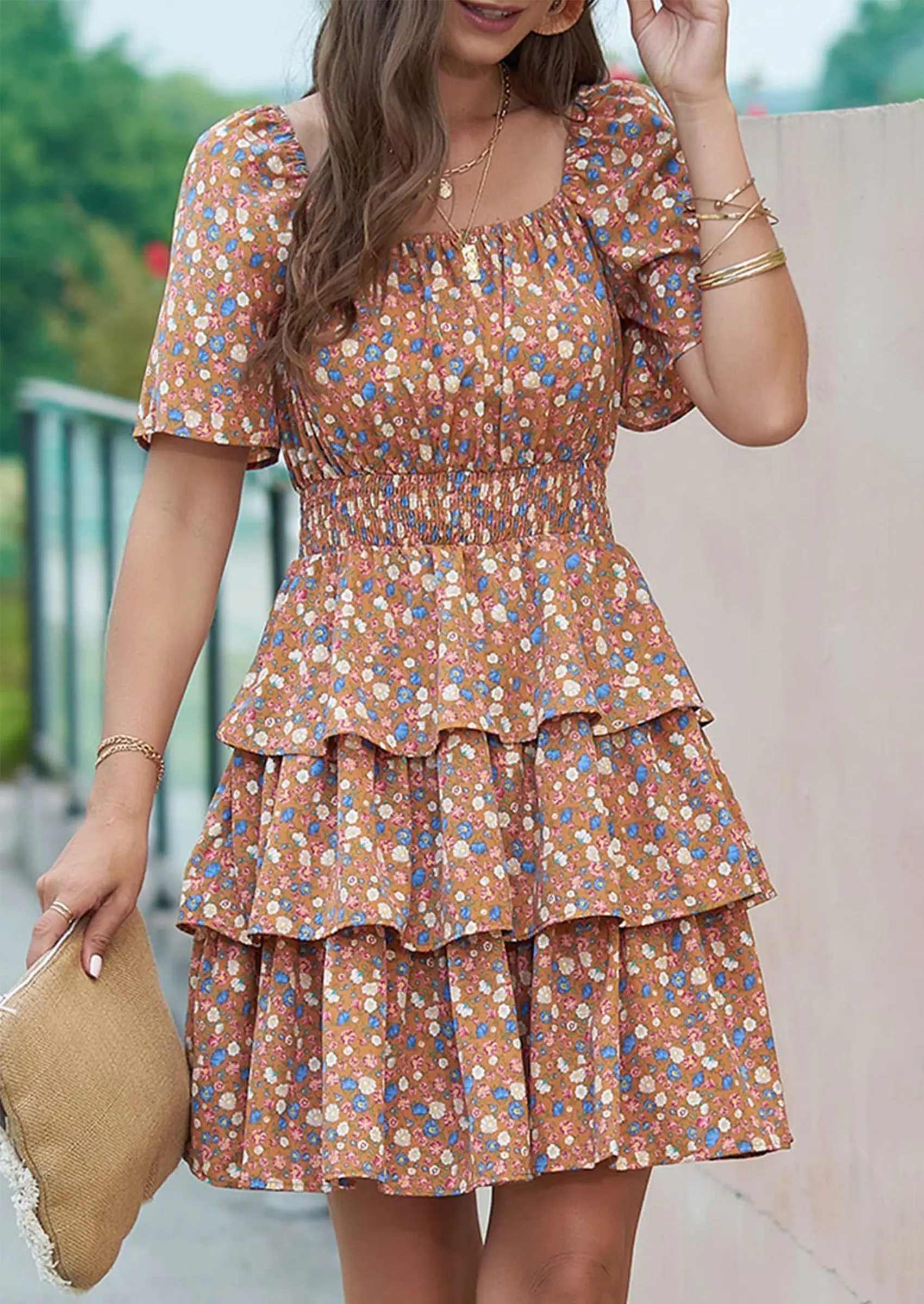 PRETTYGARDEN Women Floral Square Neck Short Sleeve Tiered Ruffle Boho Mini Dresses - Image 37